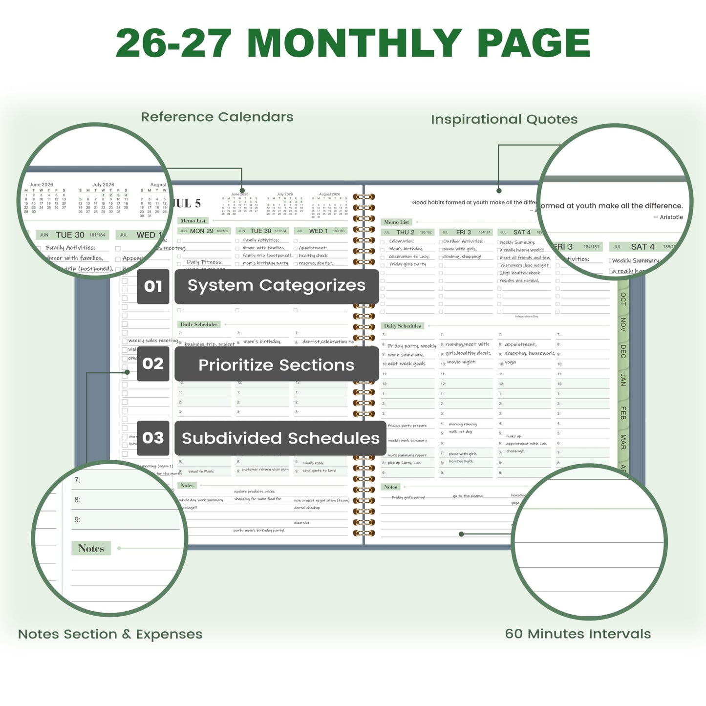 Appointment Book 2026-2027- Business Planner, JUL 2026 - JUN 2027,Planner 2026-2027, 3-Tier Schedule Planner, 8.74" x 11.38", 60 Minutes Intervals + Monthly Tabs + Leather Cover + Pocket - Pea Green