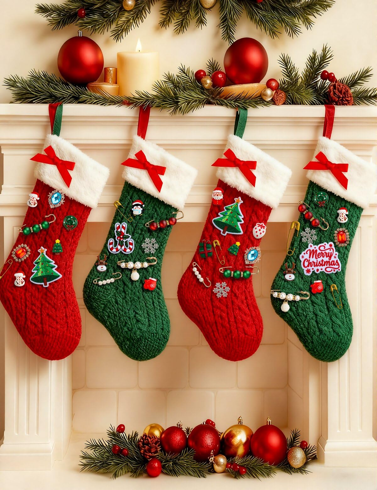 RQAYE 168Pcs Christmas Junk Socks Charms Kit, Gold Brooches and Pins for Women,Pearl and Rhinestone Shoe Charms with Safety Pins for Holiday Decoration