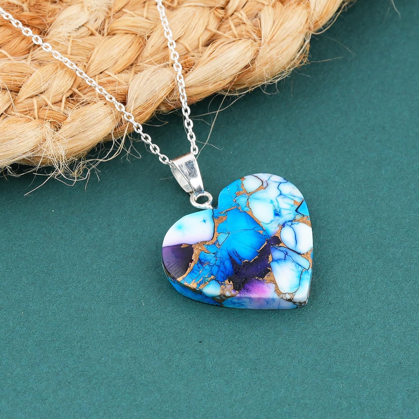 Yashee Natural Violet Oyster Turquoise Heart Shape Crystals Pendant Necklace, Chakra Energy Healing Gemstone, Real Crystal, Top Grade, Dainty Beautiful Women Simple Jewelry