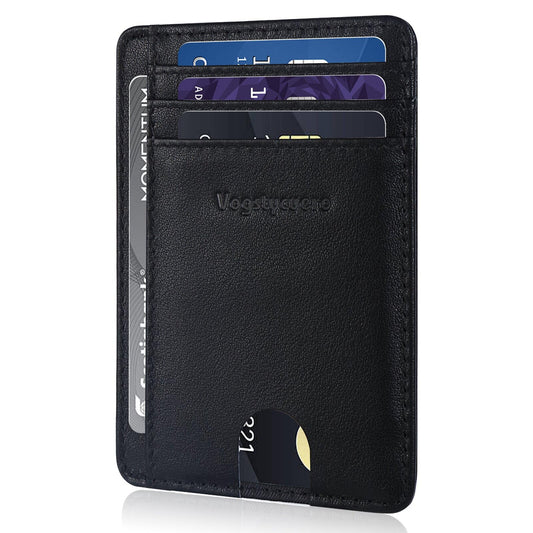 VOGSTYCUERO Slim Minimalist Front Pocket Thin Wallet RFID Blocking 100% Genuine Grain Leather Credit Card Holder for Men Women with Gift Box - Grain Leather Black
