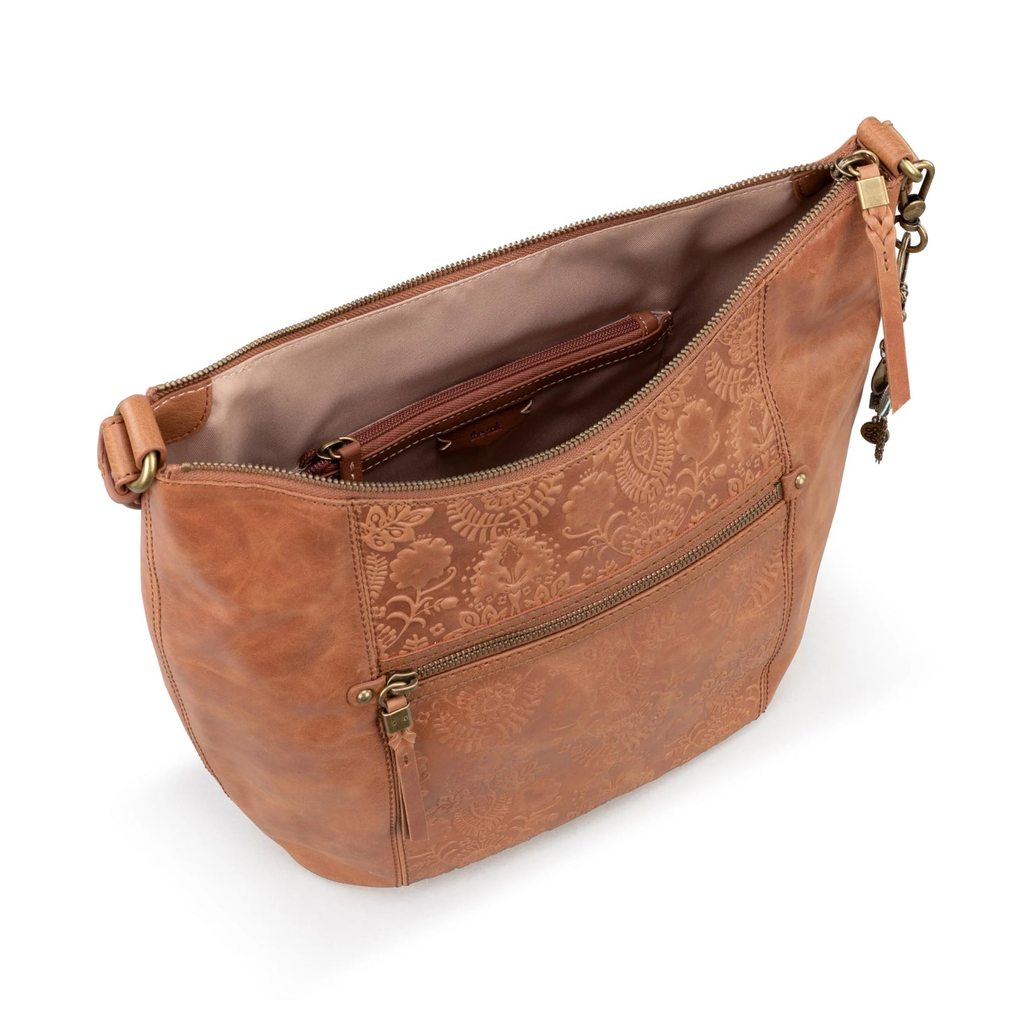 The Sak Sequoia Hobo Bag in Leather, Single Shoulder Strap, Tobacco Floral Emboss