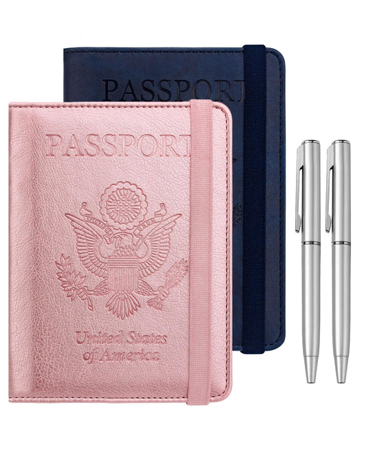 WALNEW Passport Holder for Travel, RFID Passport Cover Wallet for Women Men, PU Leather Passport Book Card Holder Case with Pen, Travelling Essentials for Flying
