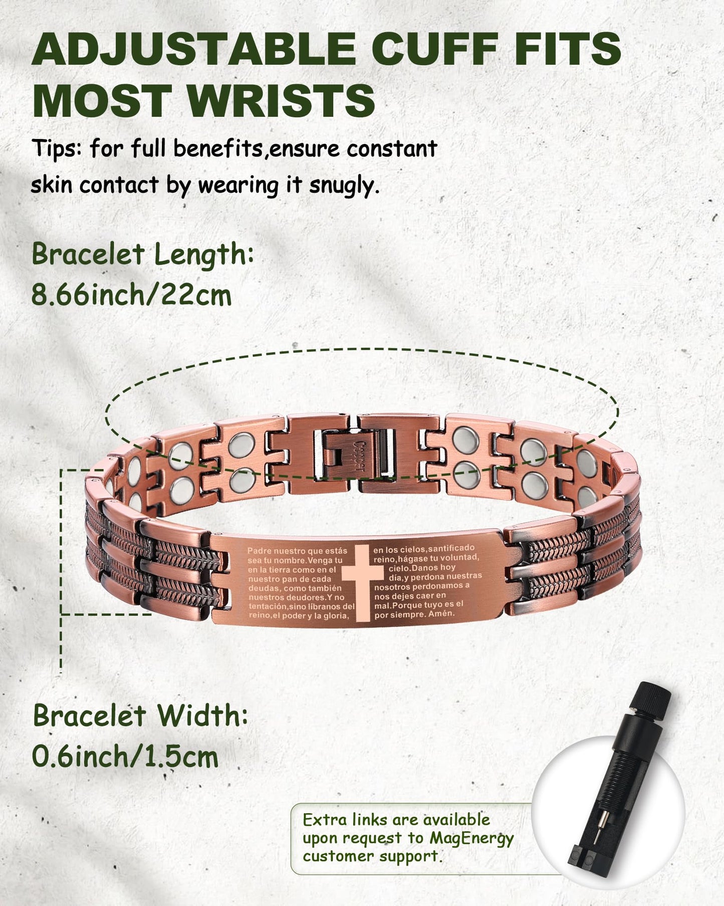 MagEnergy Copper Bracelet for Men, Pulsera de Cobre para Hombres, Cross Copper Magnetic Bracelet with Strength 3500 Gauss Magnets, Jewelry Gift for Him