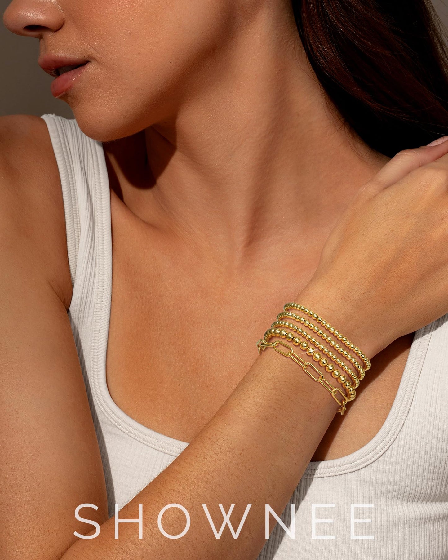 shownee Gold Beaded Bracelet for Women 14K Gold Plated Bracelets Gold Stretch Bead Ball Bracelet Hypoallergenic Stackable Bracelet Set 6.8 inch Graduation Gift for Her Mothers Day Gifts for Mom