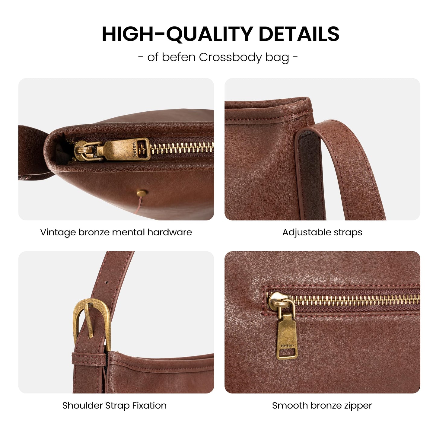befen Genuine Leather Crossbody Bags for Women Brown Shoulder Bag Soft Leather Purse for Women Medium Size Shoulder Bag with 7 RFID Blocking Card Slot Hobo Crossbody Bags with Adjustable Strap