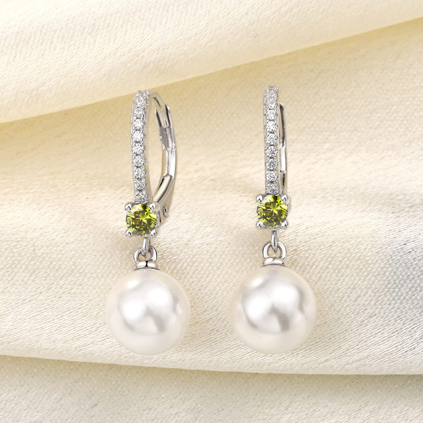 JO WISDOM Pearl Earrings,925 Sterling Silver 8mm Pearl Leverback Drop Earrings with 3A CZ August Birthstone Peridot Color,Jewelry for Women