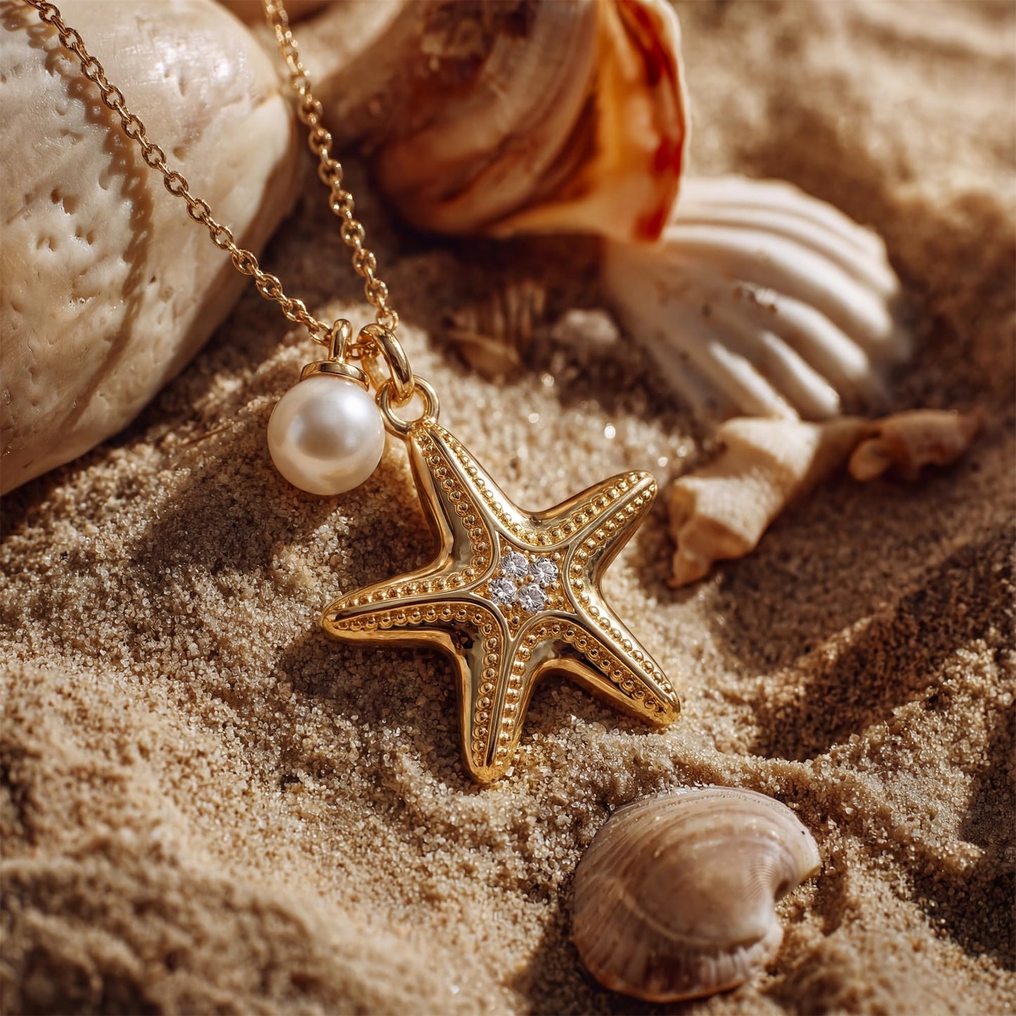MEVECCO Dainty Gold Starfish Pearl Pendent Necklace for Women 18K Gold Plated Beach Cute Starfish Necklace Pearl Boho Handmade Ocean jewelry