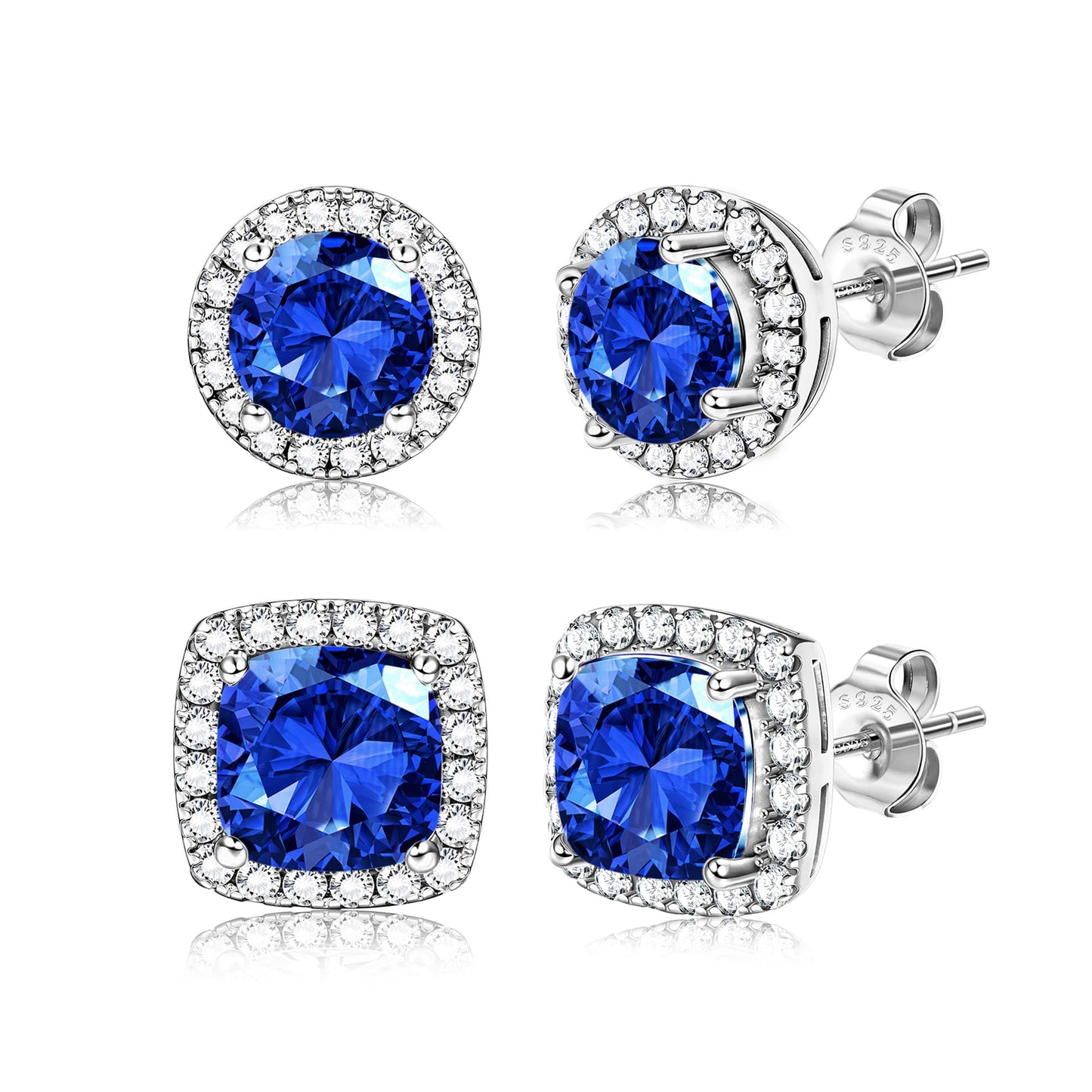 Hayoso Cubic Zirconia Stud Earrings for Women Men Sterling Silver Earring Post Hypoallergenic 14k Gold Plated Round&Square Earrings Silver&Blue