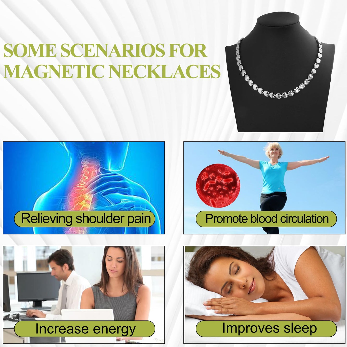 KYOSI Magnetic Necklace for Women, Stylish Leaf Pattern Links, Magnet Necklace with 3500 Gauss, Comfortable Daily Wear Jewelry Gift (Silver)