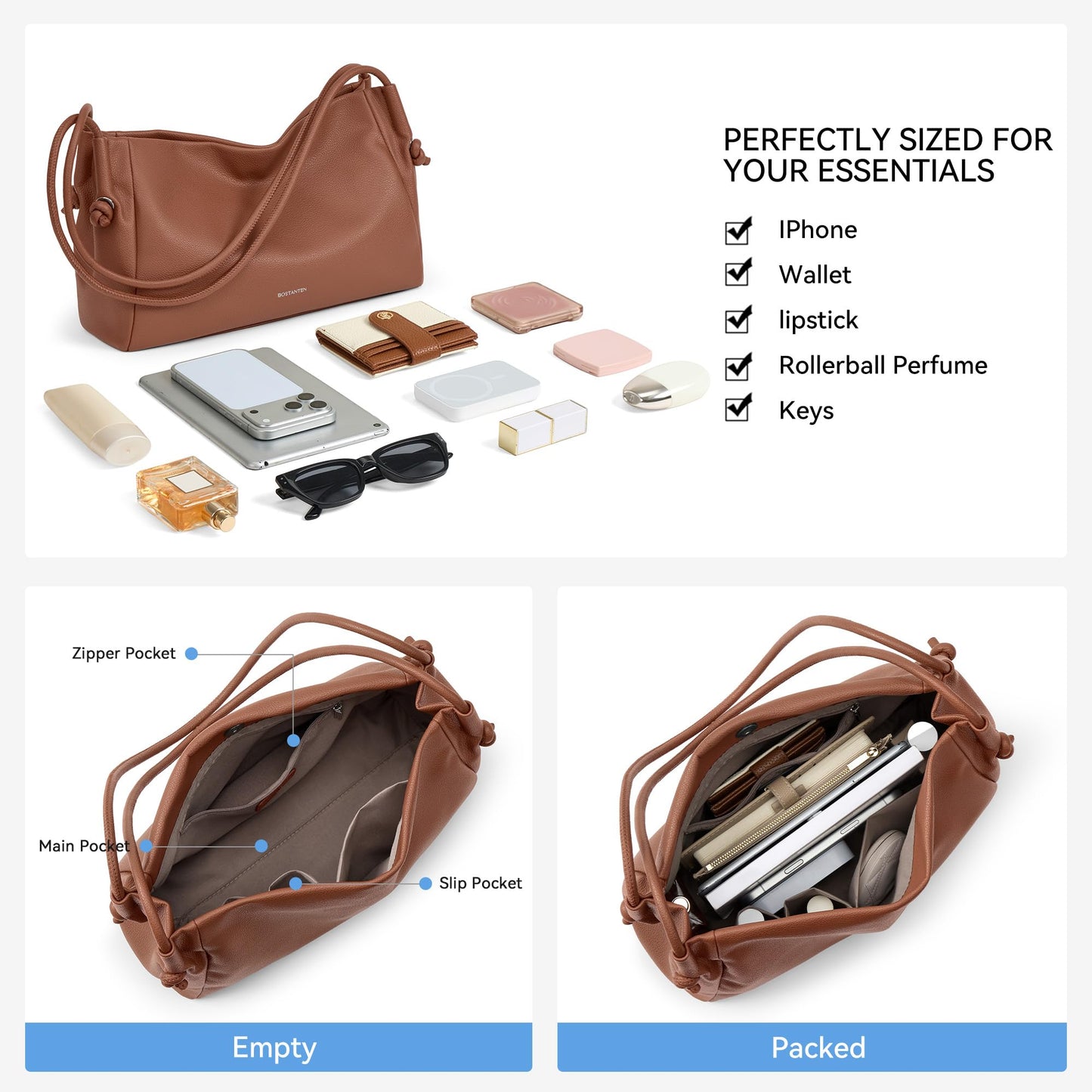 BOSTANTEN Shoulder Bag for Women Pebbled Vegan Leather Purses Soft Hobo Handbag Supple Bag for Travel Work Brown