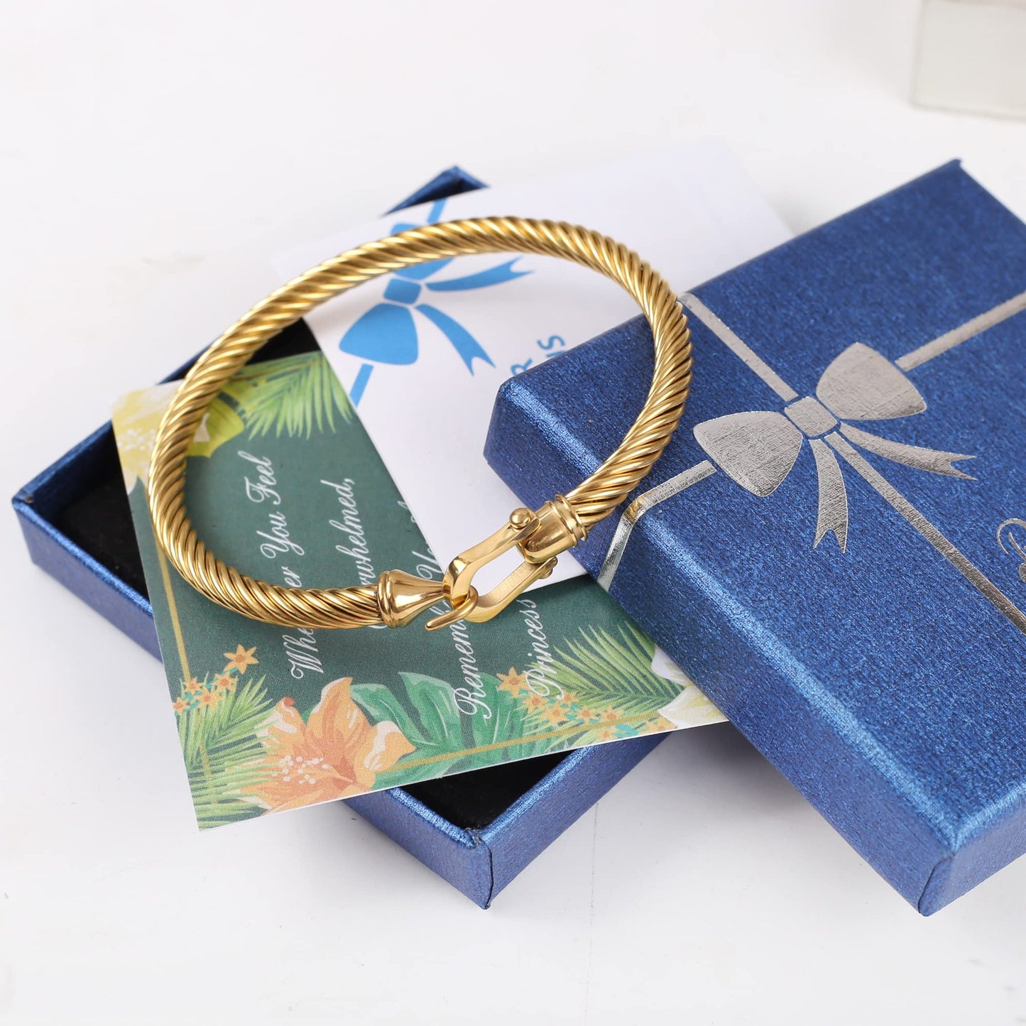 HX SHARE Twisted Cable Bracelet Stylish Fine Stainless Steel Cable Cuff Bracelet with Hook Clasp Bracelets Jewelry for Women Upgrade 18K Gold （7.6"）
