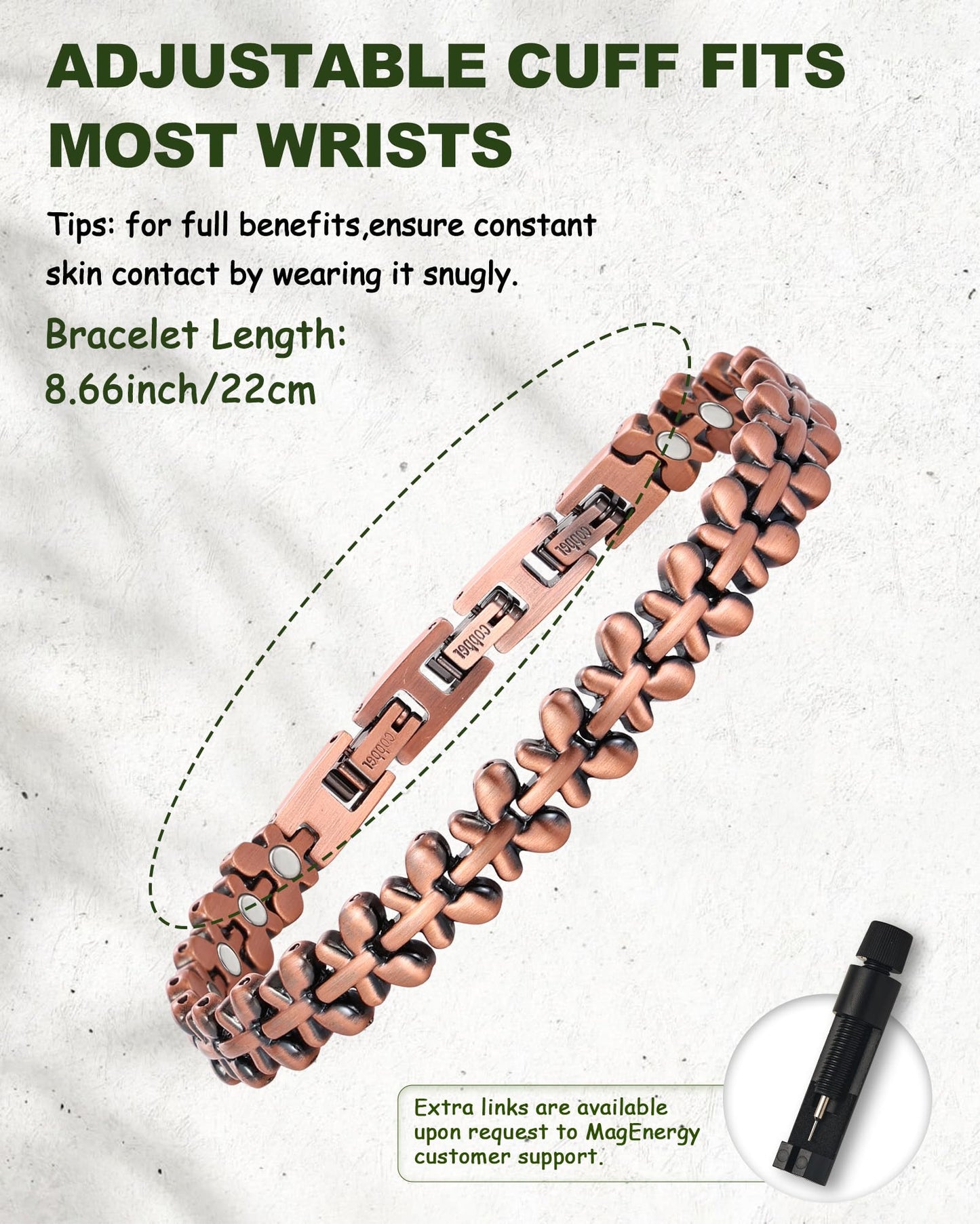 MagEnergy Copper Bracelet for Women, 99.99% Pure Solid Copper Bracelet with 3500 Gauss Magnetic, Adjustable, Jewelry Gift