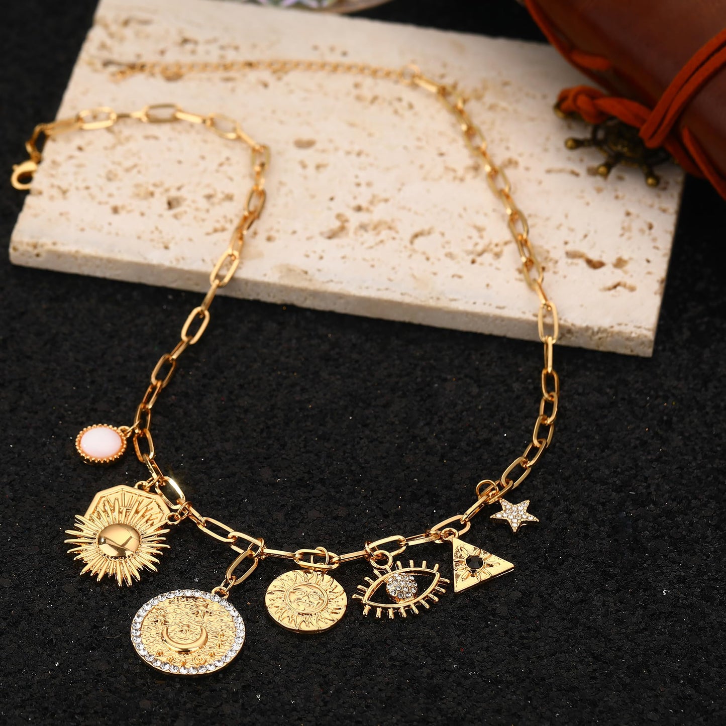 MISS RIGHT Charm Necklace for Women Dainty Gold Evil Eye Coin Lucky Charm Vintage Paperclip Chain Sun Moon Shell Chunky Pendant Necklace Jewelry Gifts Coin