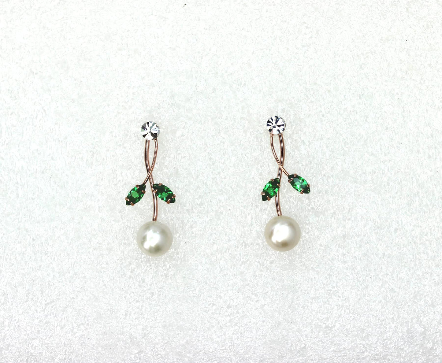 Faship Gorgeous Green CZ Crystal Genuine Freshwater Pearls Floral Necklace Earrings Set - Green/Rose Gold Plated