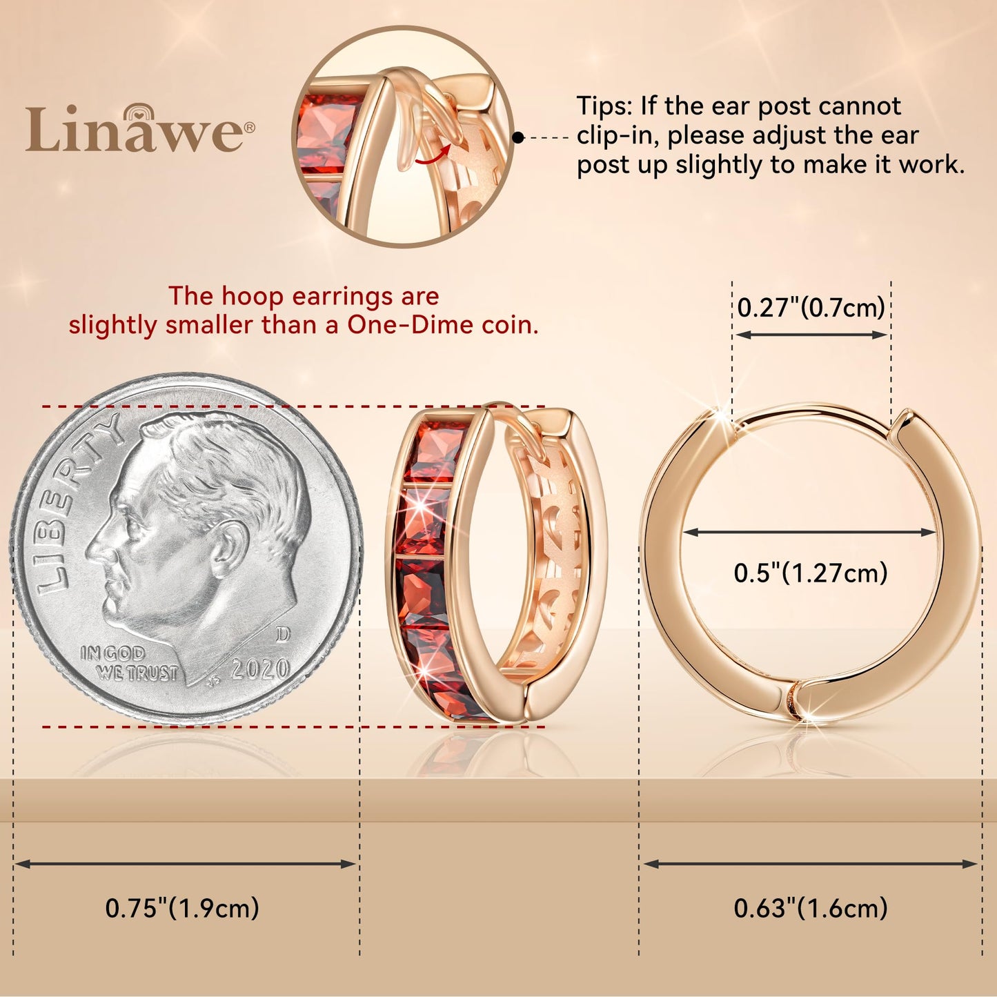 Linawe Hoop Earrings Helix Earrings for Women, Small Huggie Earrings Rose Gold, Chunky Tragus Piercing Jewelry, Red Cubic Zirconia Rhinestone Mini Hoop, Ruby Crystal Imitation Diamond