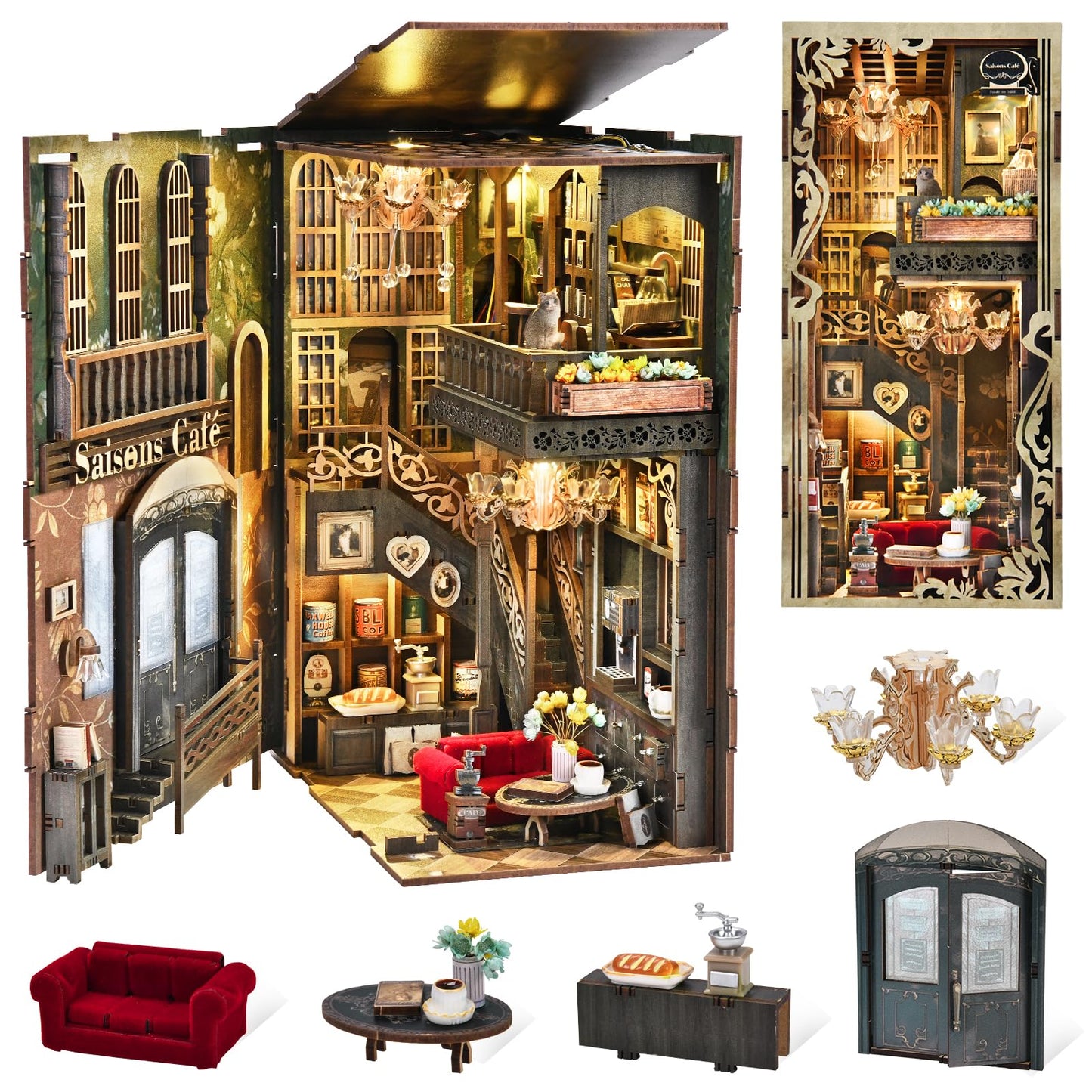 CCCDF Book Nook Kit - DIY Miniature House Coffee Shop Dollhouse Kit for Adults and Teens, 3D Wooden Puzzle Booknook Tiny House Bookshelf Decor, Gifts for Family, Friends (Saison Café)