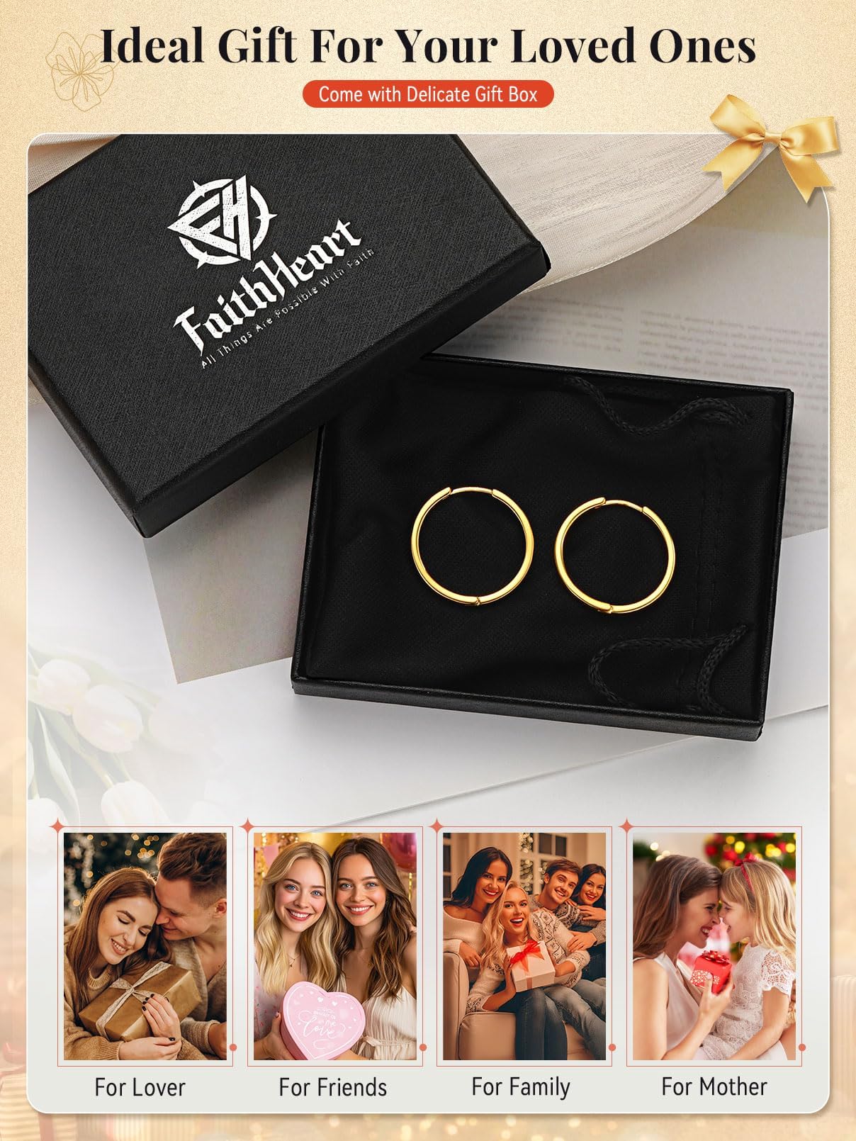 FaithHeart Hoop Earrings for Women, Rose Gold Hypoallergenic Huggie Hoop Earrings, Small Cartilage Earrings for Women 8mm, Send Gift Box