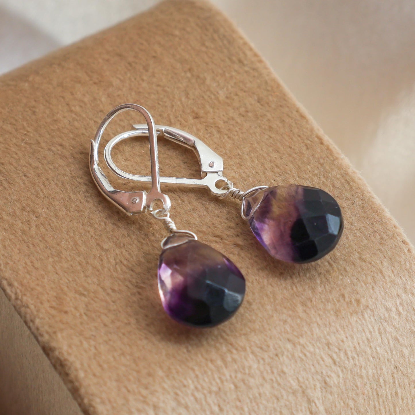 GemInspire Fluorite Teardrop Earrings for Women 925 Sterling Silver Leverback Lightweight Natural Crystal Dangle Minimal Drop Jewelry Gift for Mom Wife Girlfriend Everyday Wear