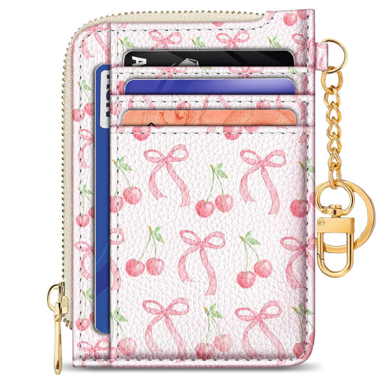 GIANCOMICS Slim Wallet Credit Card Holder Women, Cute Bow Rfid Small Card Case, Keychain Thin Pocket Curved Zipper Wallet, Travel Card Holder PU Leather ID Window, Girly Ladies Female Gifts