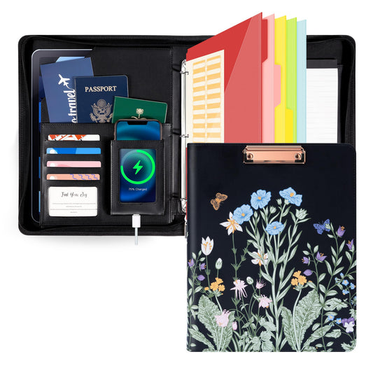 Ospelelf Leather Clipboard with Storage, Zippered Padfolio Portfolio Organizer, 3 Ring Binder 1 Inch, Notepad, Tablet Sleeve, 5 Dividers with Pocket for Office,Students, Teachers Night Flowers