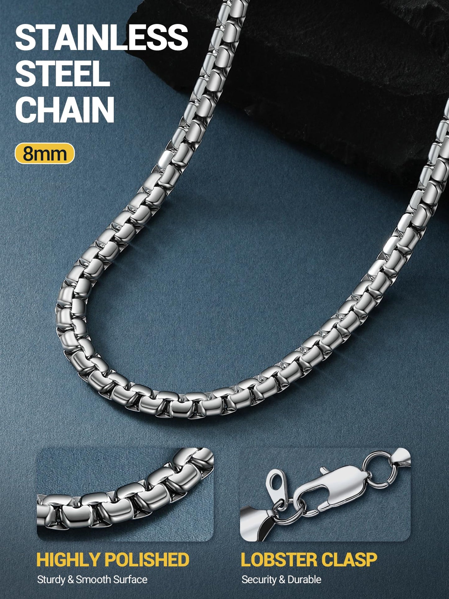 PROSTEEL Stainless Steel Chain 8mm Flat Box Necklace Hypoallergenic & Sweatproof 14"-30" Cool Chunky Chain Jewelry