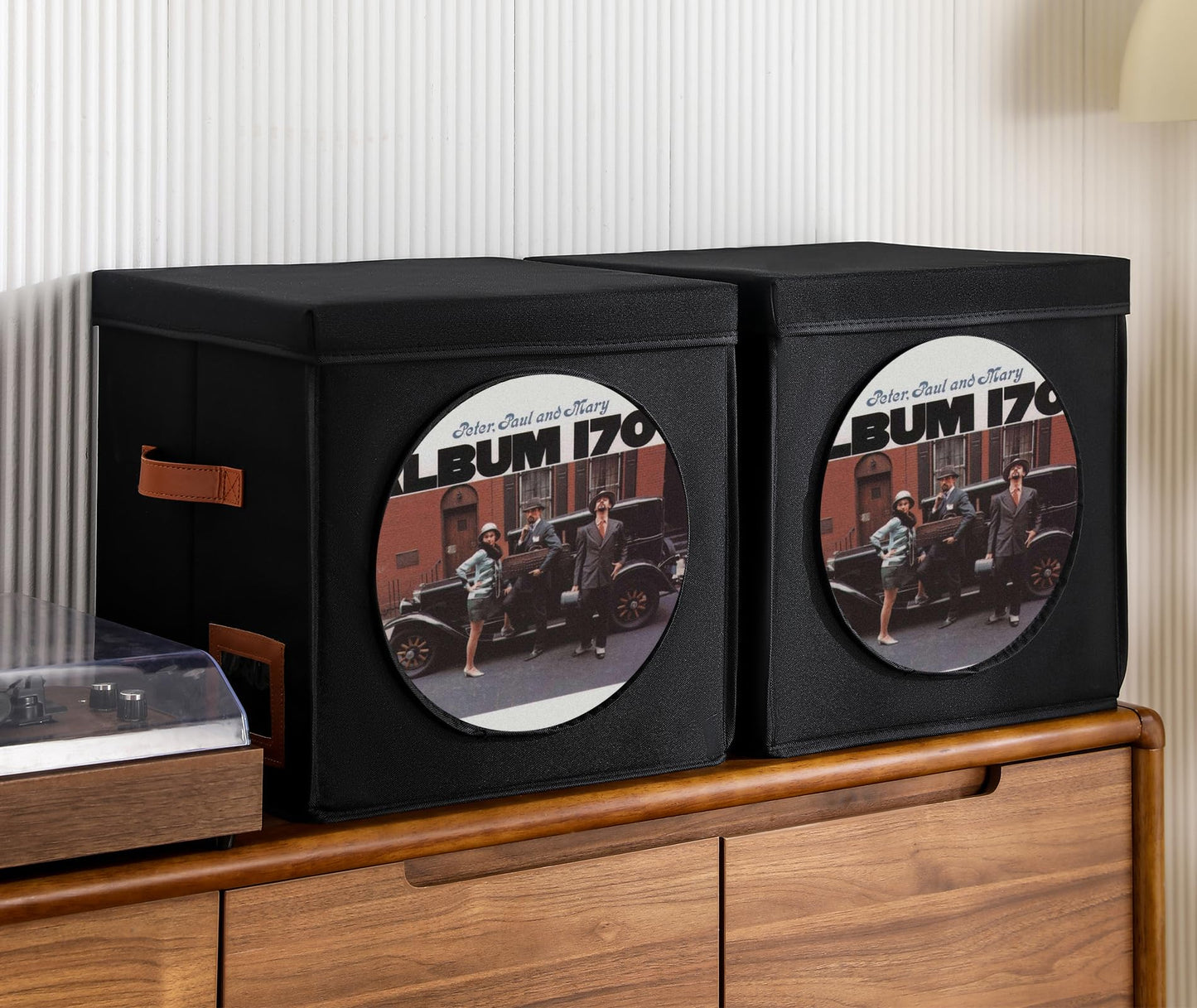 Qozary Vinyl Record Storage Box with Display Window for Album Covers, 2 Pack Record Organizer Crate with Lid, Collapsible LP Storage Box, Label Slot & Leather Handles, Holds Over 100 Vinyl Albums