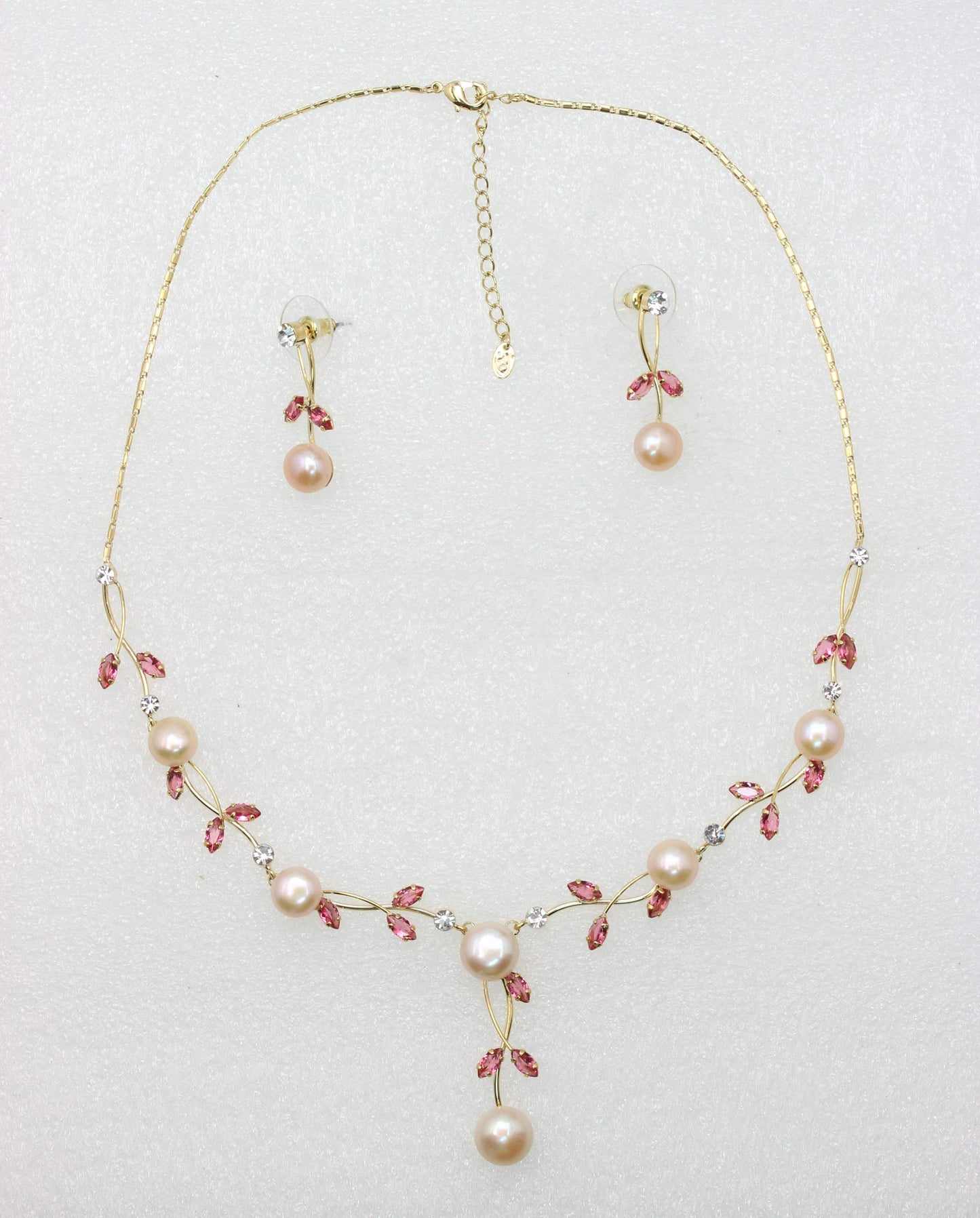 Faship Gorgeous Rose (Pink) CZ Crystal Genuine Freshwater Pearls Floral Necklace Earrings Set - Rose/Gold-Plated