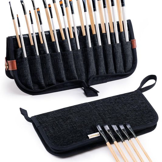 Paint Brush Holder Case for Artists with 22 Slots, Brush Organizer with Pop-Up Stand, Travel Paintbrush Storage Bag for Acrylic Oil Watercolor, Zippered Art Brush Cover (Brushes Not Included)