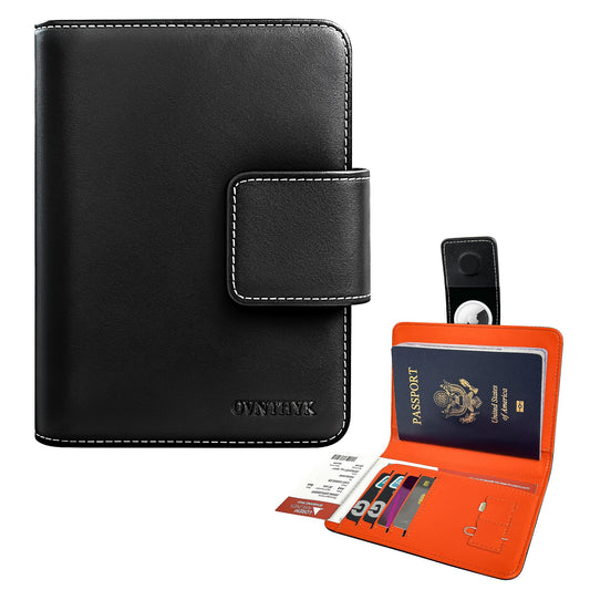 OVNTHYK Passport Holder with Hidden AirTag Slot - RFID Blocking Leather Travel Wallet for Men & Women, Slim Anti-Loss Organizer