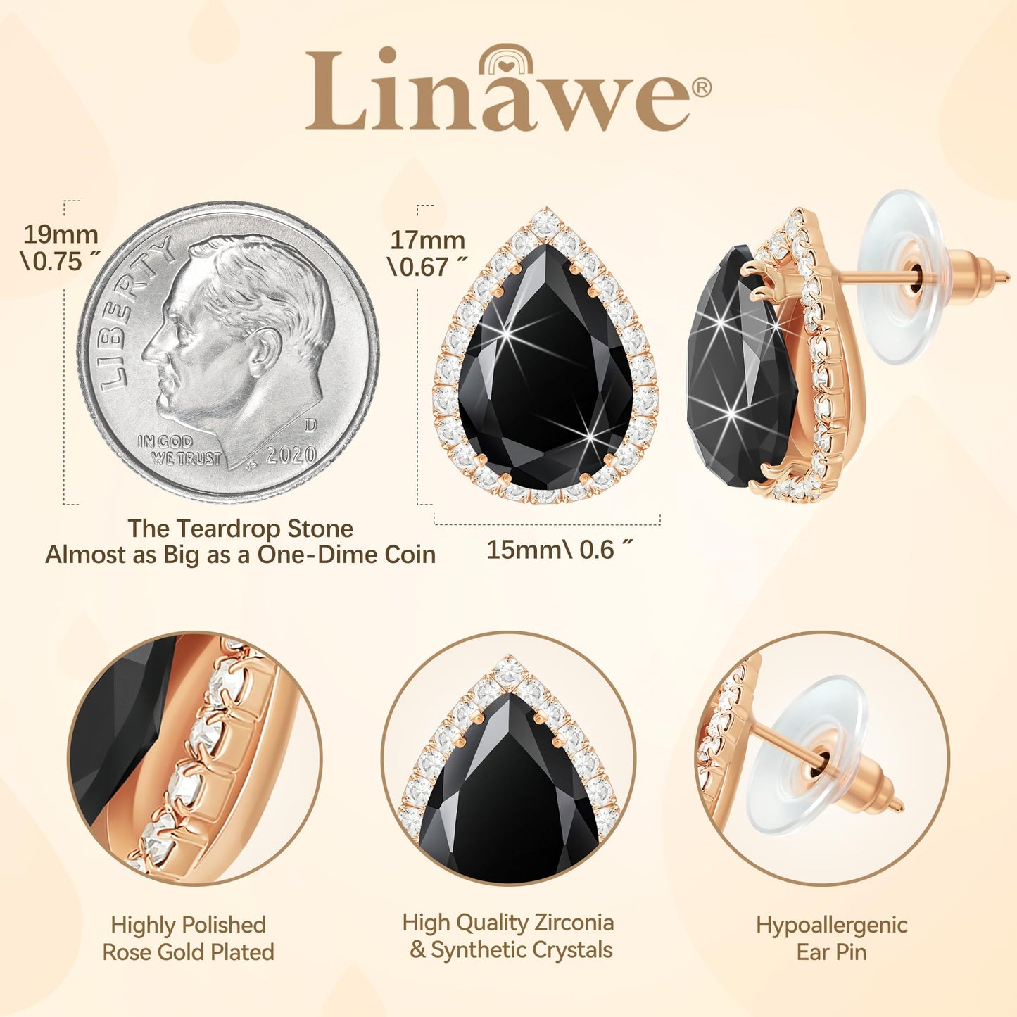 Linawe Black Stud Earrings for Women, Imitation Diamond Cubic Zirconia Teardrop Rhinestone Crystal Earrings Studs, Rose Gold Cartilage Piercing Statement Costume Jewelry Vintage