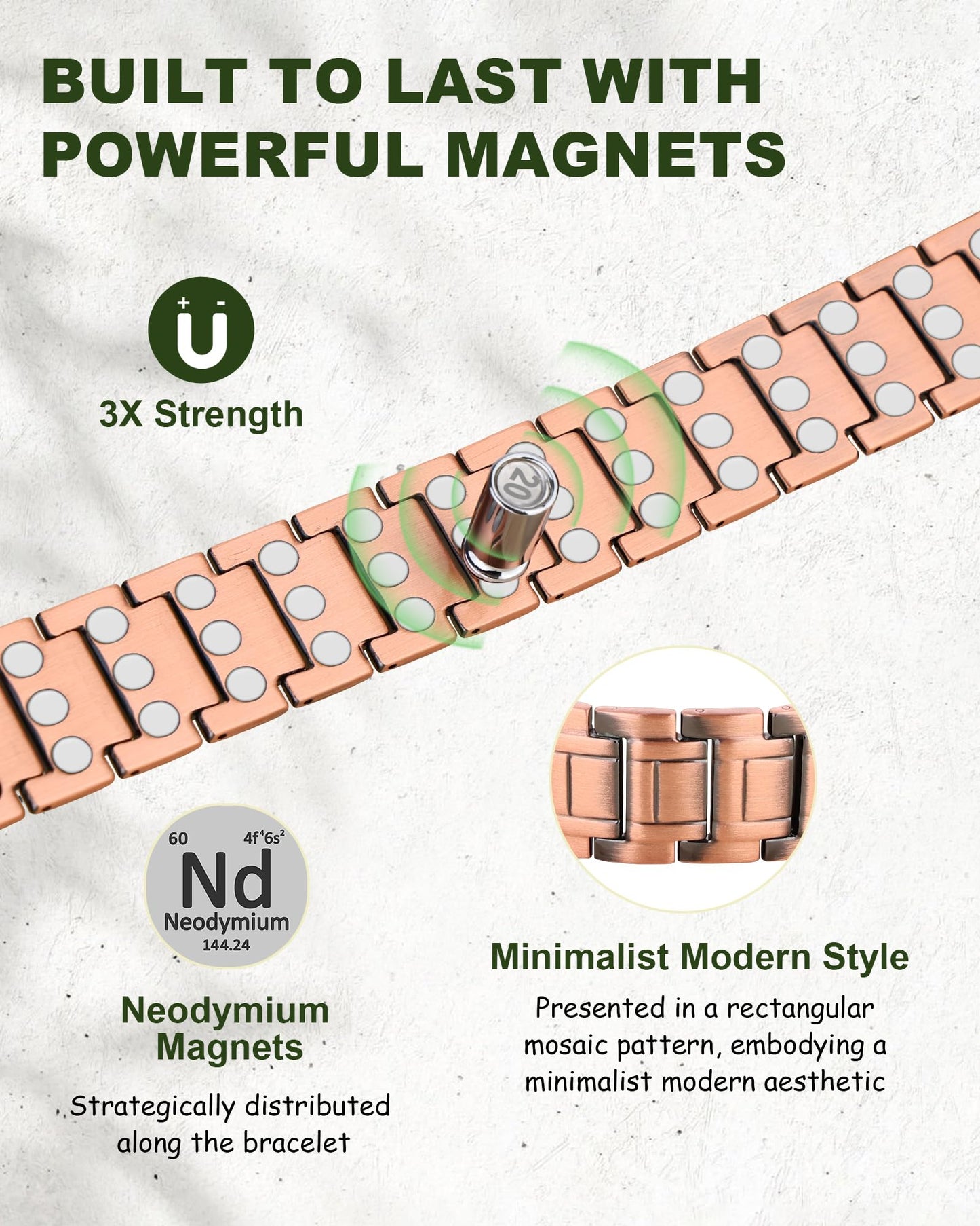 MagEnergy Copper Bracelet for Men, 3X Strength Magnetic Bracelet & 3800 Gauss Magnets, Copper Jewelry Gifts, Premium Fold-Over Clasp