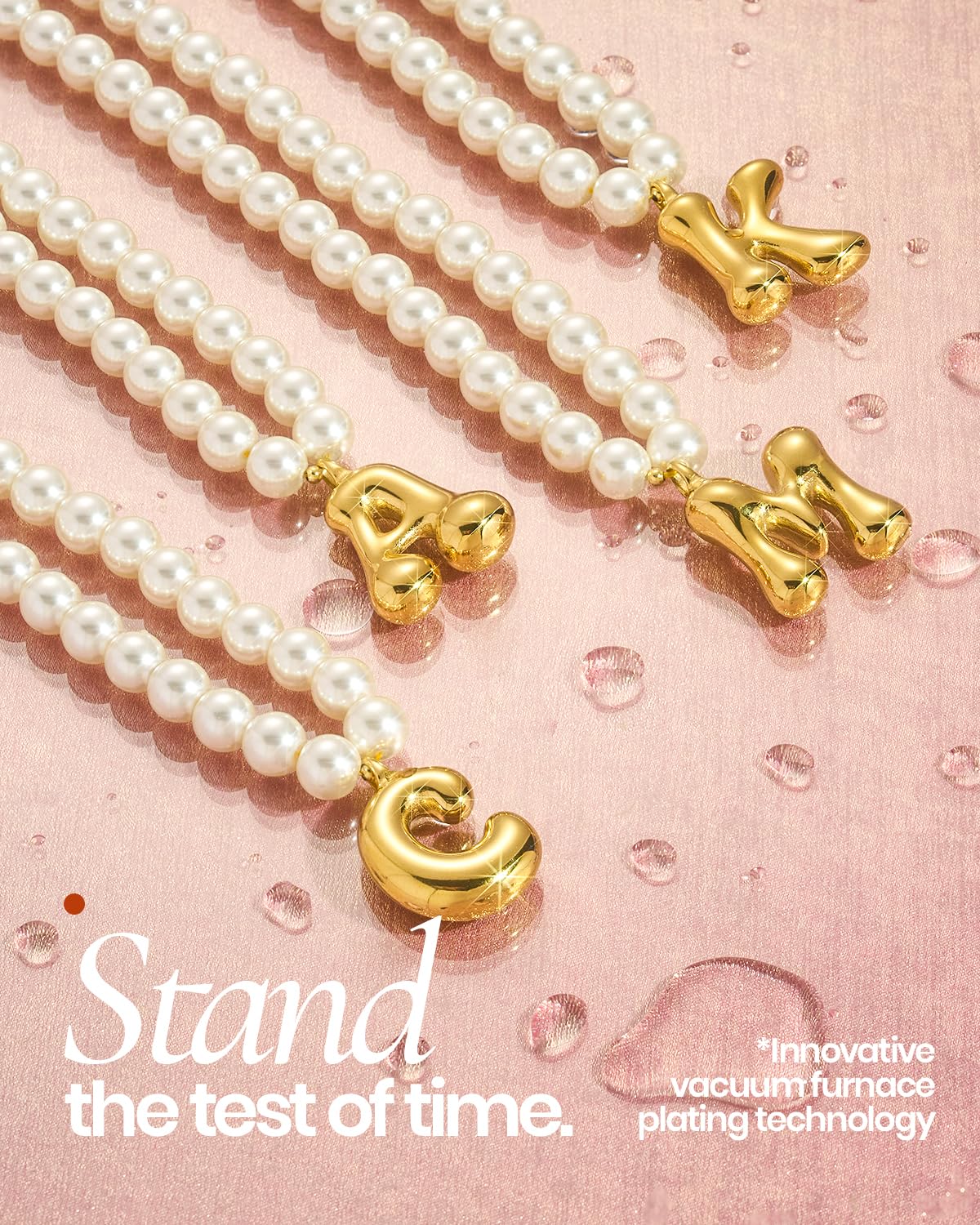 DoDoBeads Pearl Initial Necklace, 18K Gold Plated Stainless Steel Balloon Letter Pendant M, Non-Tarnish Waterproof Chunky Monogram Jewelry Gifts for Women Teens