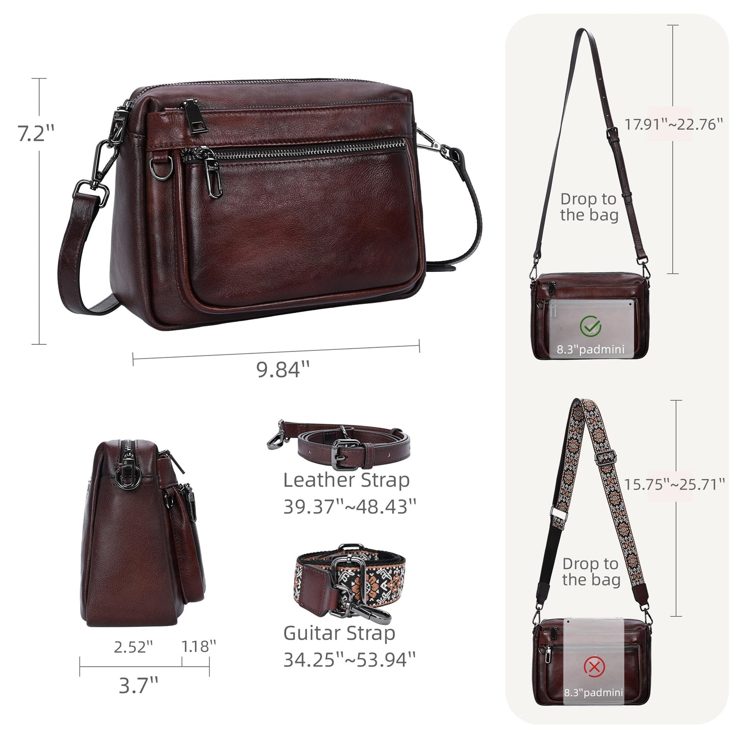 Iswee Crossbody Bags for Women Rfid Travel Medium Leather Purse and Handbag Shoulder Bag with Adjustable Strap Multiple Pockets Triple Zip Ladies Pocketbooks