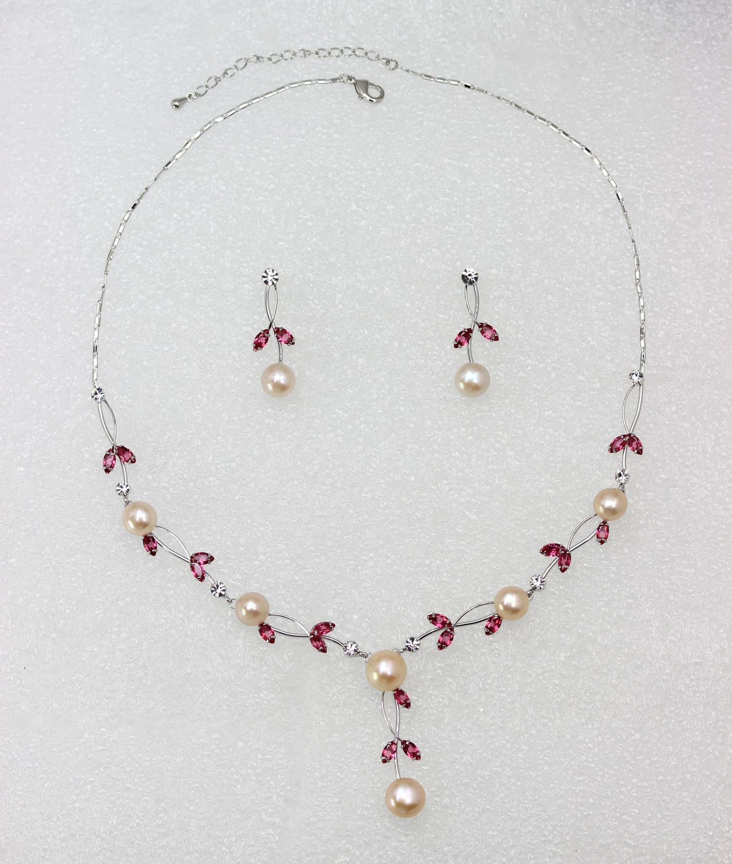 Faship Gorgeous Rose (Pink) CZ Crystal Genuine Freshwater Pearls Floral Necklace Earrings Set - Rose/Silver Tone