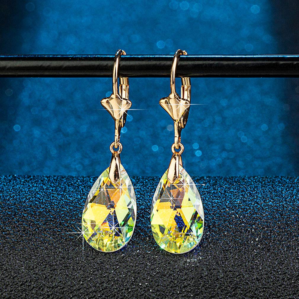 Austrian Crystal Teardrop Leverback Dangle Earrings for Women Fashion 14K Gold Plated Hypoallergenic Jewelry (Aurora Borealis)