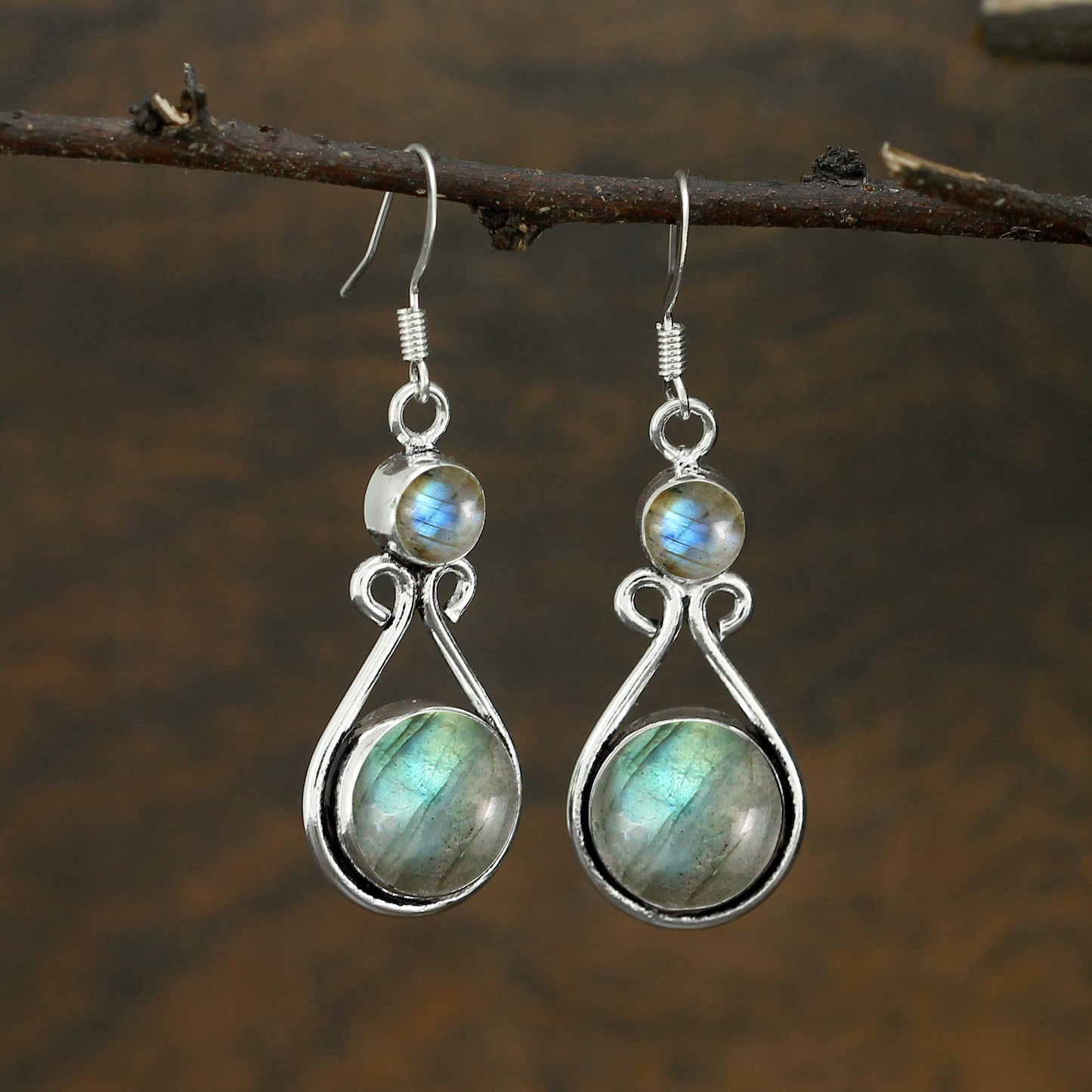 Natural Labradorite Silver Plated Dangle Earrings for Women - Round Gemstones Dangle & Drop Earrings Handmade Jewelry - Gift for Wedding Anniversary Christmas