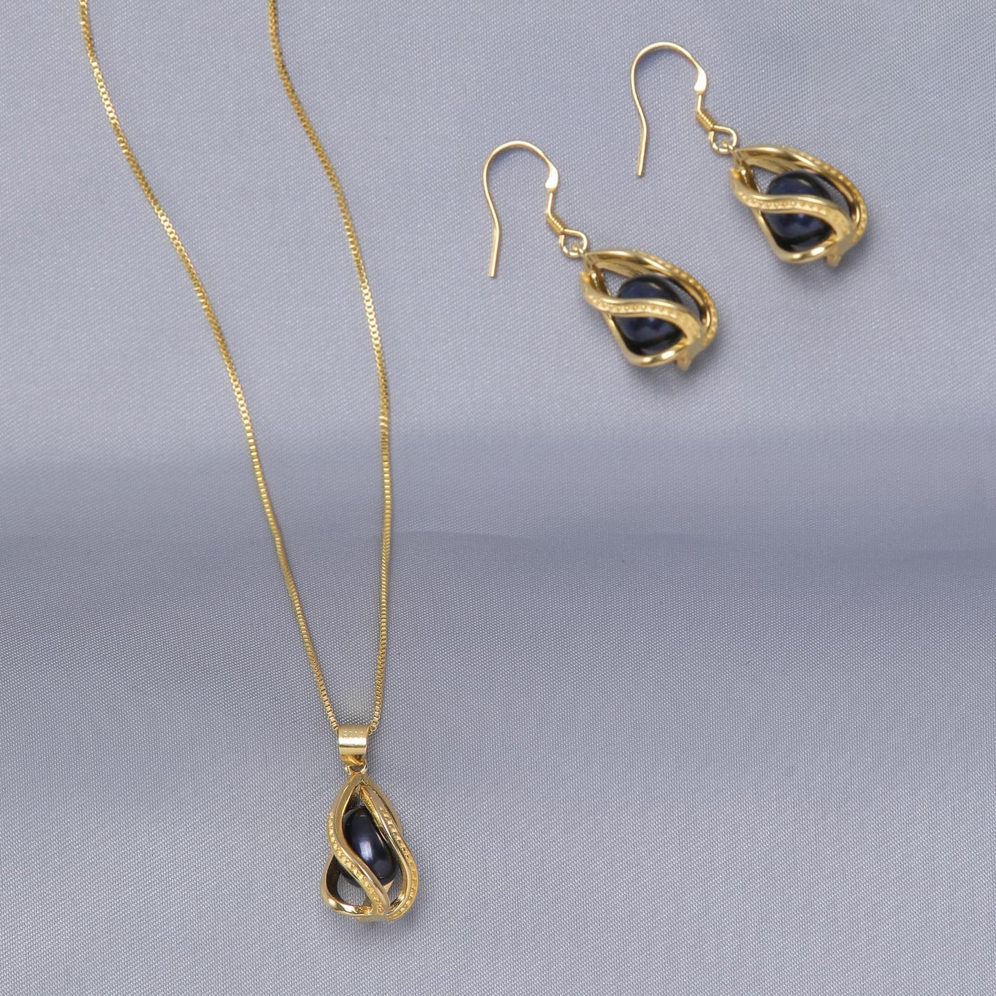 HENGSHENG Pearl Jewelry Set For Women 14K Gold Plated Necklace & Earrings Set Freshwater Pearl Pendant Cage Set for Wedding Anniversary Prom Birthday Gift - Golden Black