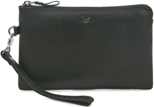 Wise Owl Accessories Genuine Leather Wristlet Wallet for Women Clutch Handbag Purses for Cell Phone Keys Coins Credit Card Slots (Black Nappa)