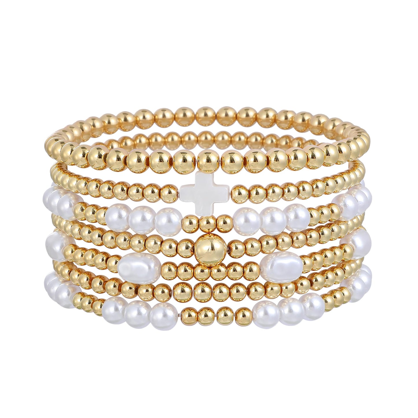 Sajidos Gold Plated Beaded Bracelets for Women Trendy, 14K Gold Plated Stack Cross Pearl Gold Plated Bead Stretch Bracelets Set Elastic Hypoallergenic Bracelets Jewelry Gifts (style19-3)