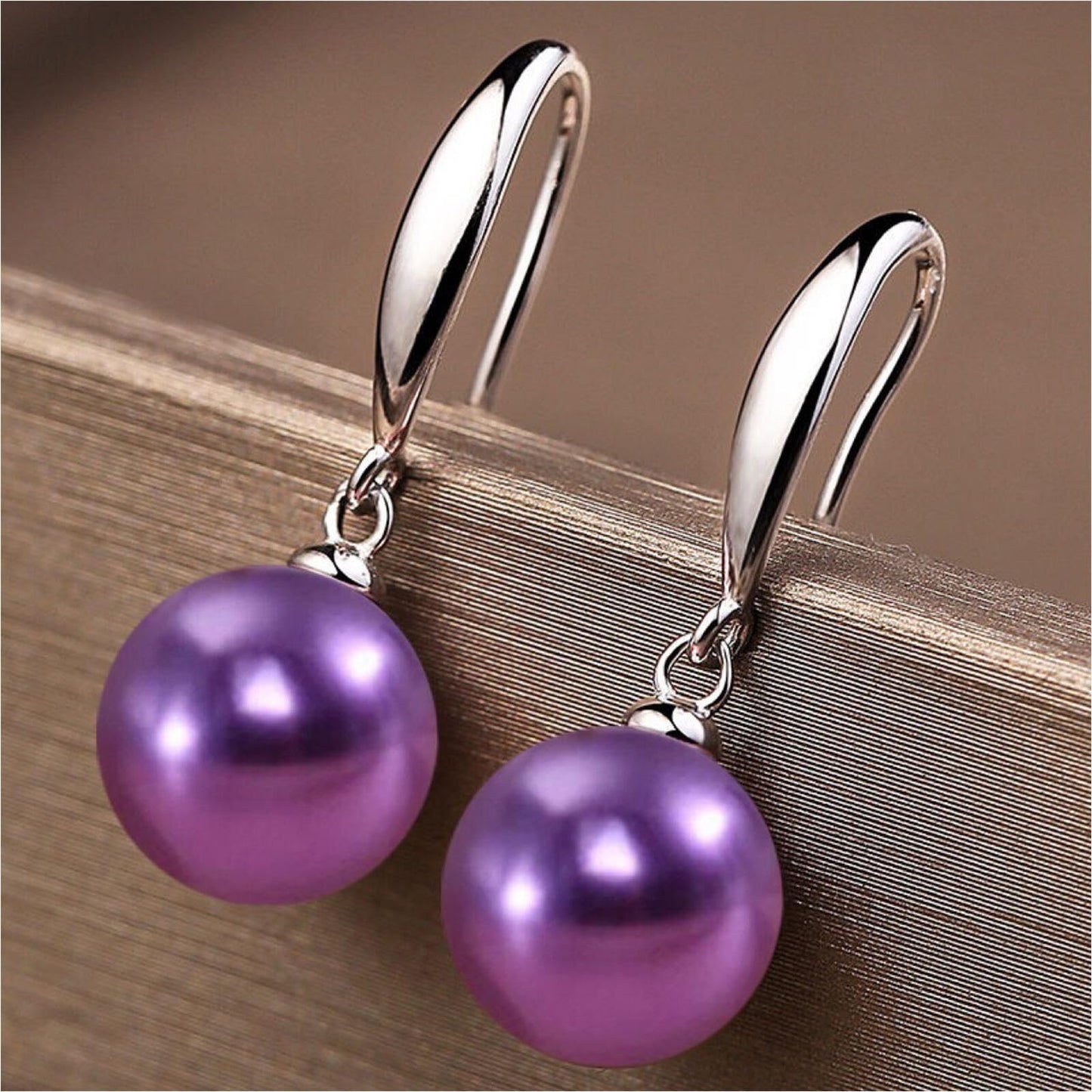 12mm Natural Ocean Pearl Freshwater Cultured Colorful Simulated Beads Drop Dangle Earrings Elegant Birthday Wedding Party Costume Prom Statement Jewelry for Women-purple