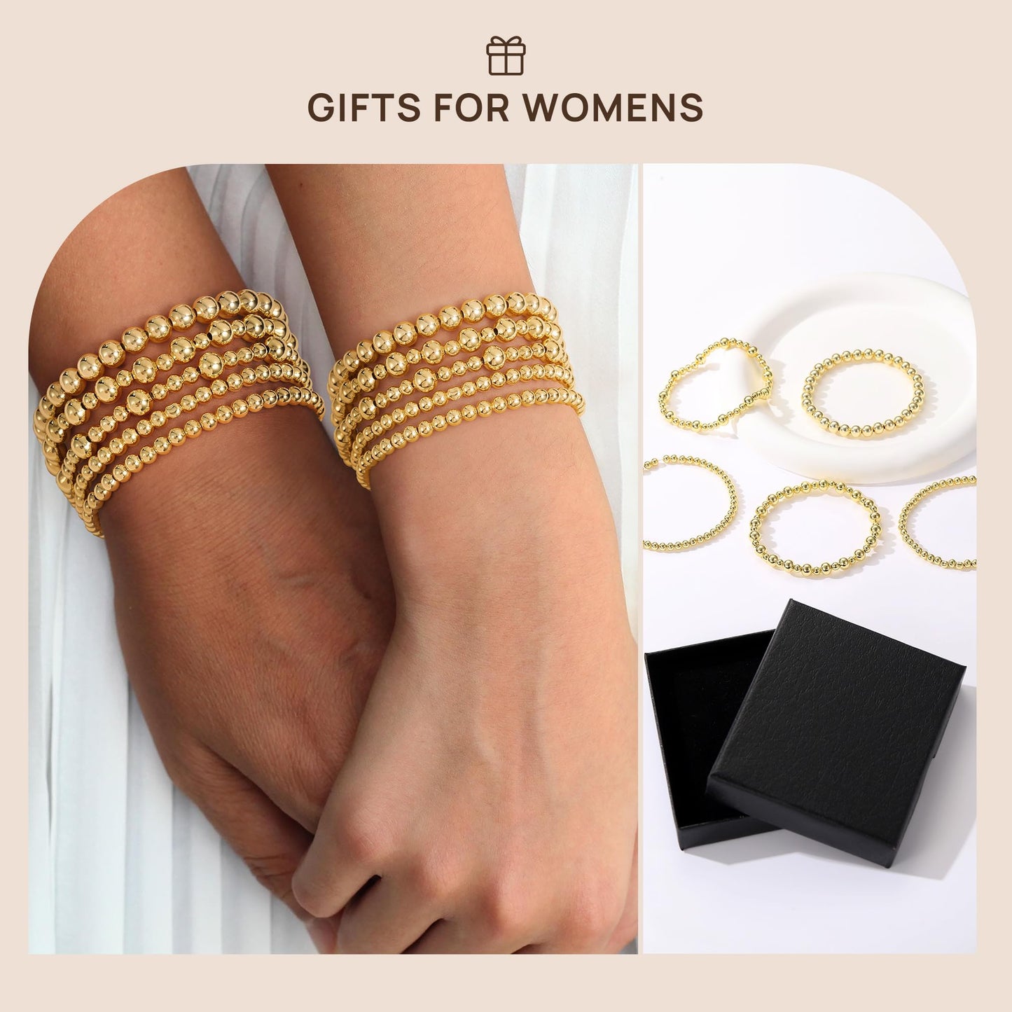 Yoosteel Gold Beaded Bracelets Set for Women - 14k Gold Plated Dainty Round Beaded Pearl Bracelet for Women Simplicity Stackable Jewelry Gifts（6 Pcs）