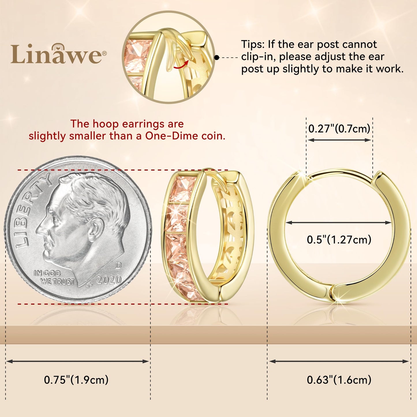 Linawe Gold Hoop Earrings for Women - Moissanite Huggie, Small Cubic Zirconia Mini, Cartilage Cuff Preppy, Safety Pin Flat Back - Trendy Yellow Earrings
