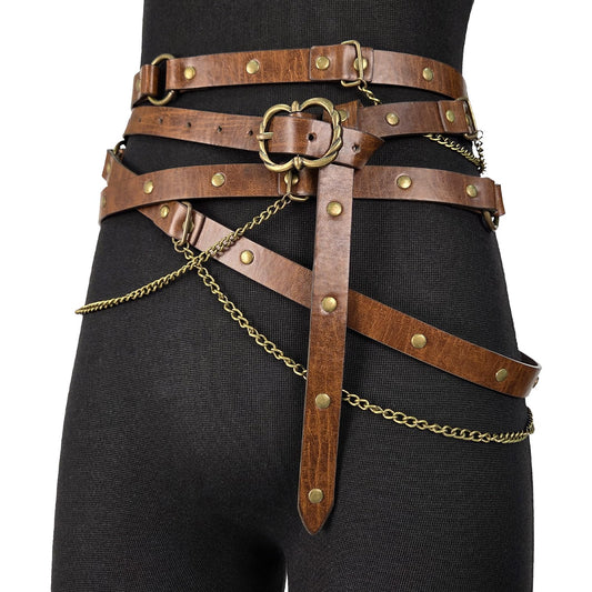 HiiFeuer Medieval DIY Faux Leather Metal Chain Belt, Vintage Adjustable Thin Belt For Women, Retro Skinny Belt For Dresses (Brown A)