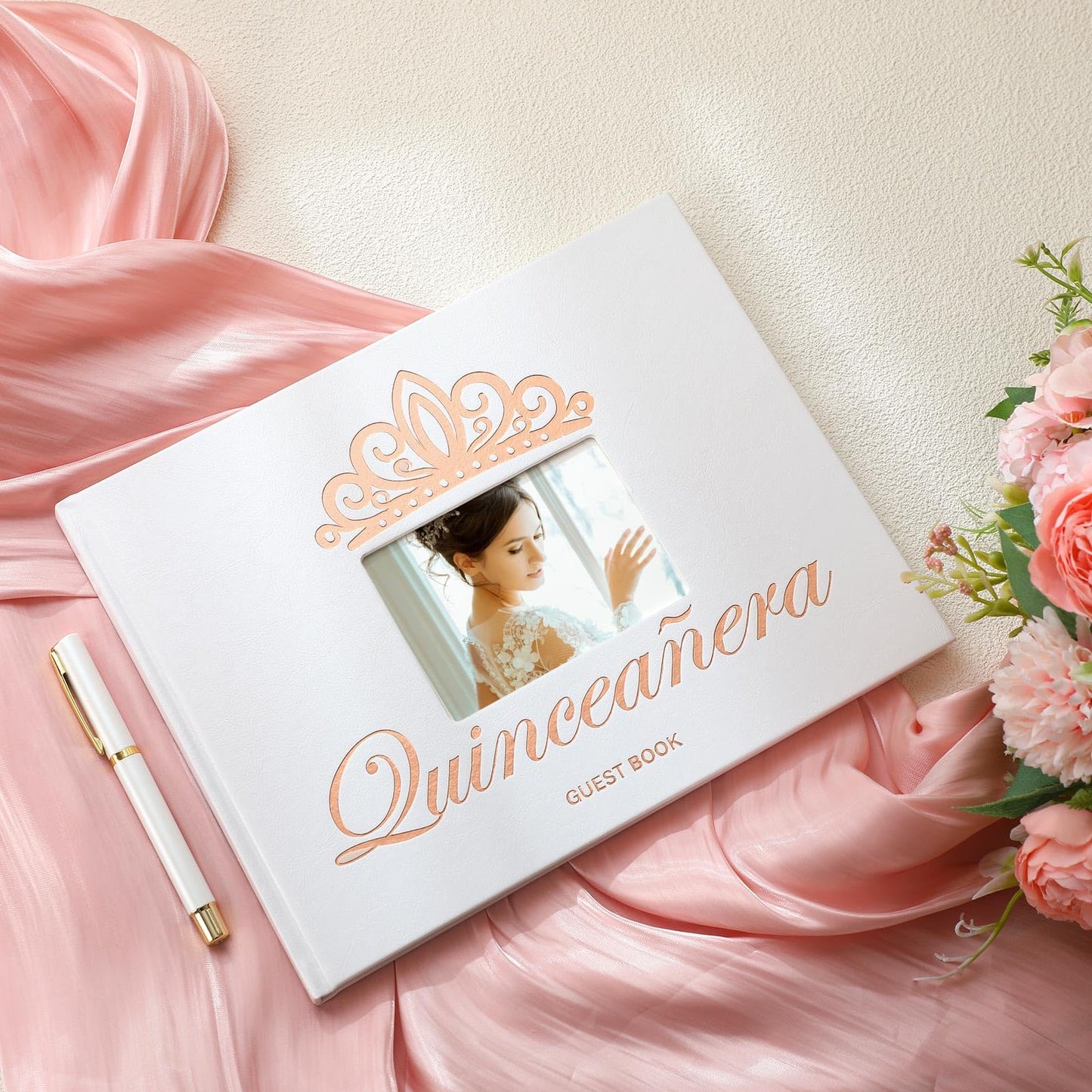 MotiMind Quinceanera Guest Book with Pen 11 x 8 Inch Libro De Firmas Para 15 Anos Quinceanera Leather Hardcover Signature Book Guest Sign in for 15th Party Favors Decoration(White Rose Gold,Crown)