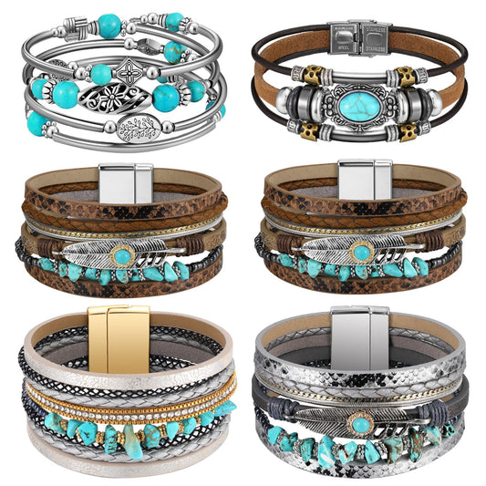 Sasylvia 6 Pcs Turquoise Bracelet for Women Leather Bracelet Western Jewelry for Women Multilayer Boho Cuff Bangle Set(Classic)