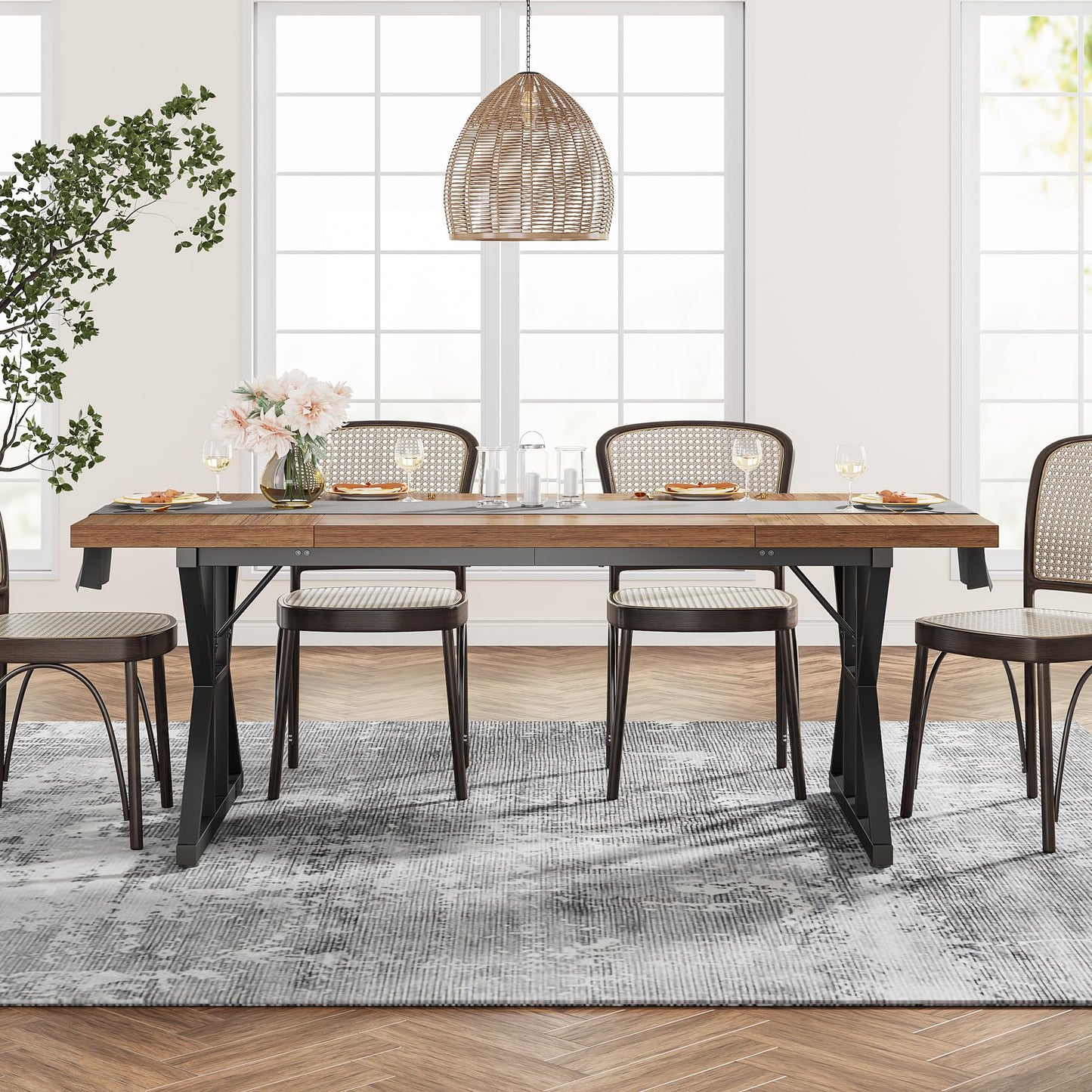 Tribesigns Farmhouse Dining Table for 6 People, 70.8-Inch Rectangular Wood Dining Table, Rustic Kitchen Table with Heavy Duty Metal Legs for Dining Room (Light Brown, 70.8 Inch)