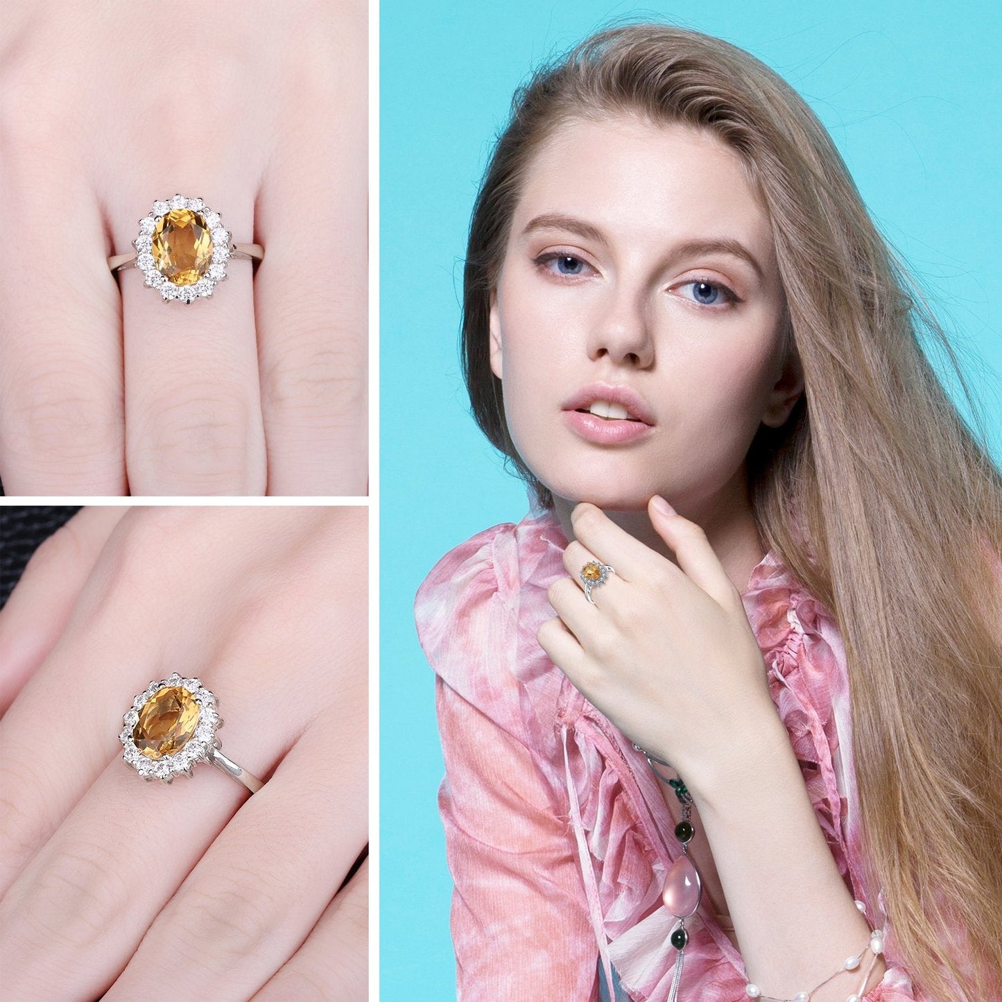 JewelryPalace Princess Diana Kate Middleton Gemstone Birthstone Yellow Amethyst Halo Statement Engagement Rings for Women, 14K White Gold Plated 925 Sterling Silver Promise Rings for Her Size 10.5