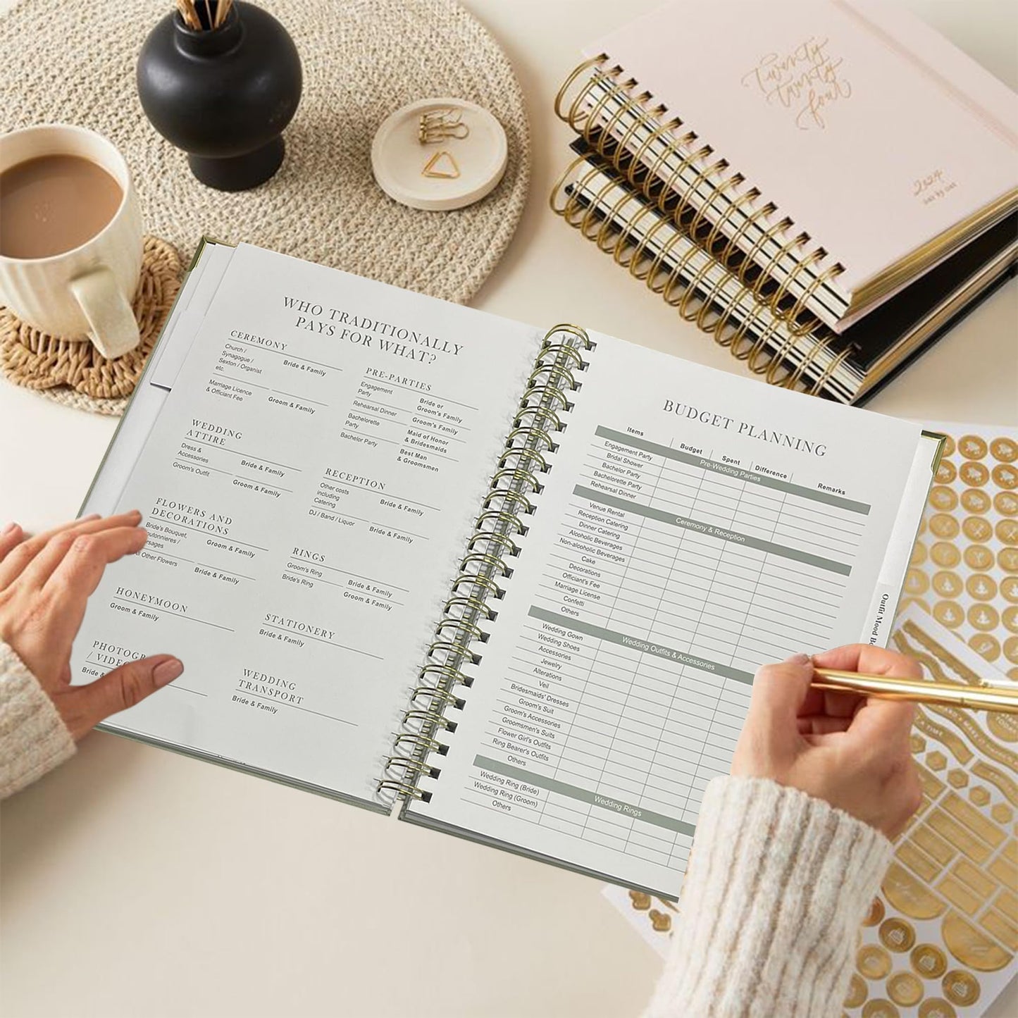 WeddingGiftsWedding Wedding Planner Book and Organizer for Bride - Elegant Linen Cover Wedding Planning Binder with Checklists,Pockets & Calendars,Perfect Engagement Gifts for Couples(Sage)