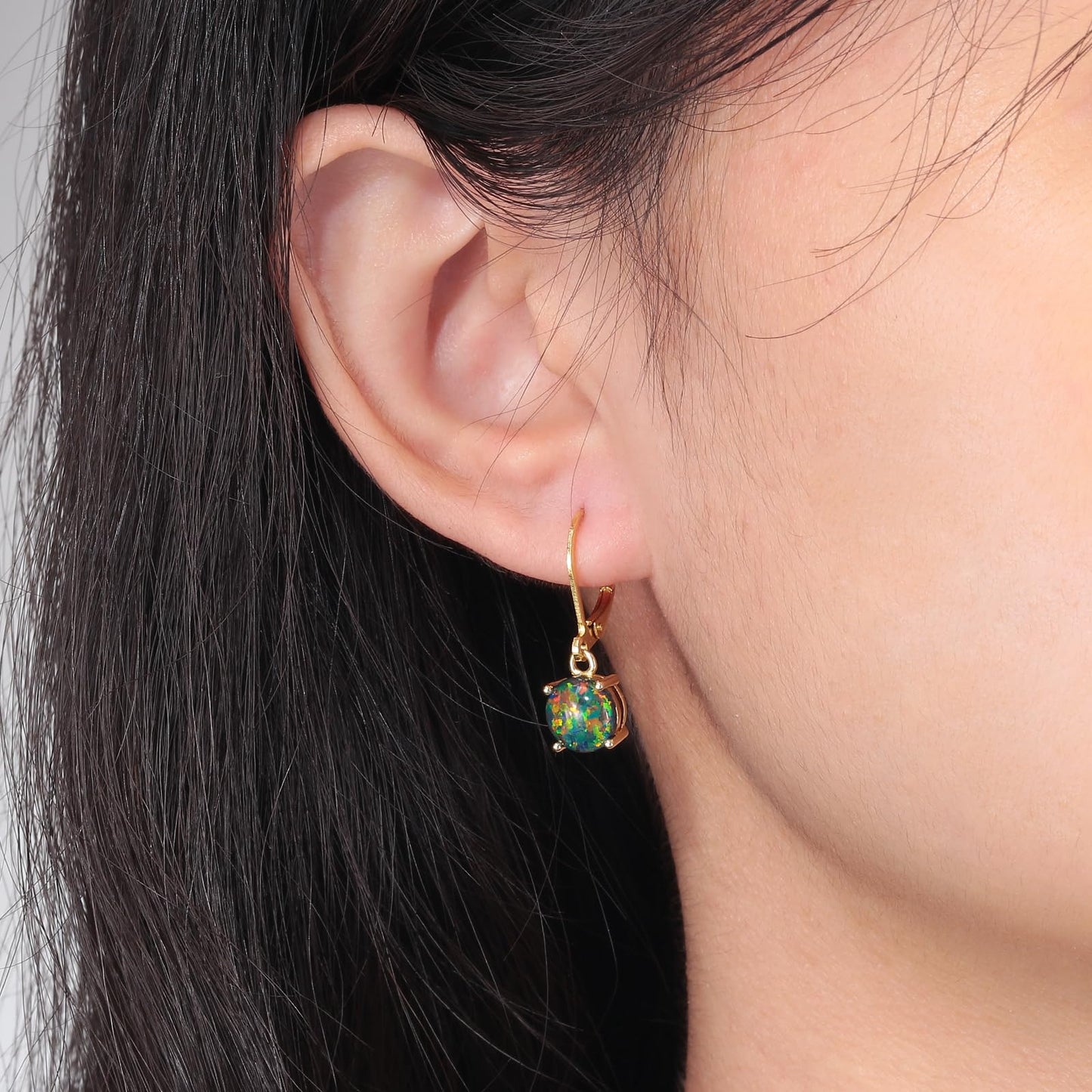 CiNily Round-Cut Opal Dangle Earrings for Women Hypoallergenic Black and Green Fire Opal Rhodium Plated Leverback Gemstone Drop Earrings Jewelry