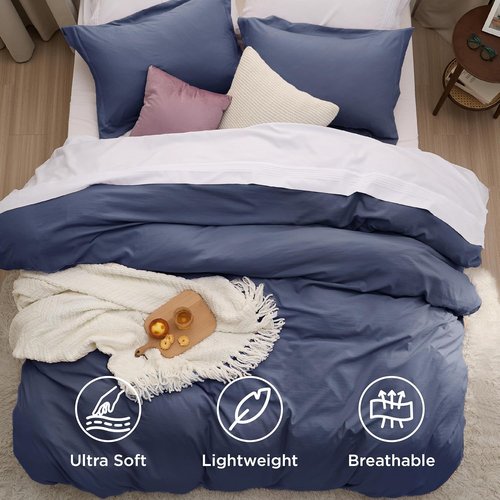 Bedsure Navy Blue Duvet Cover Set - Soft Prewashed Cotton-Like Polyester, King Size 3-Piece Bedding (104x90 Inches)